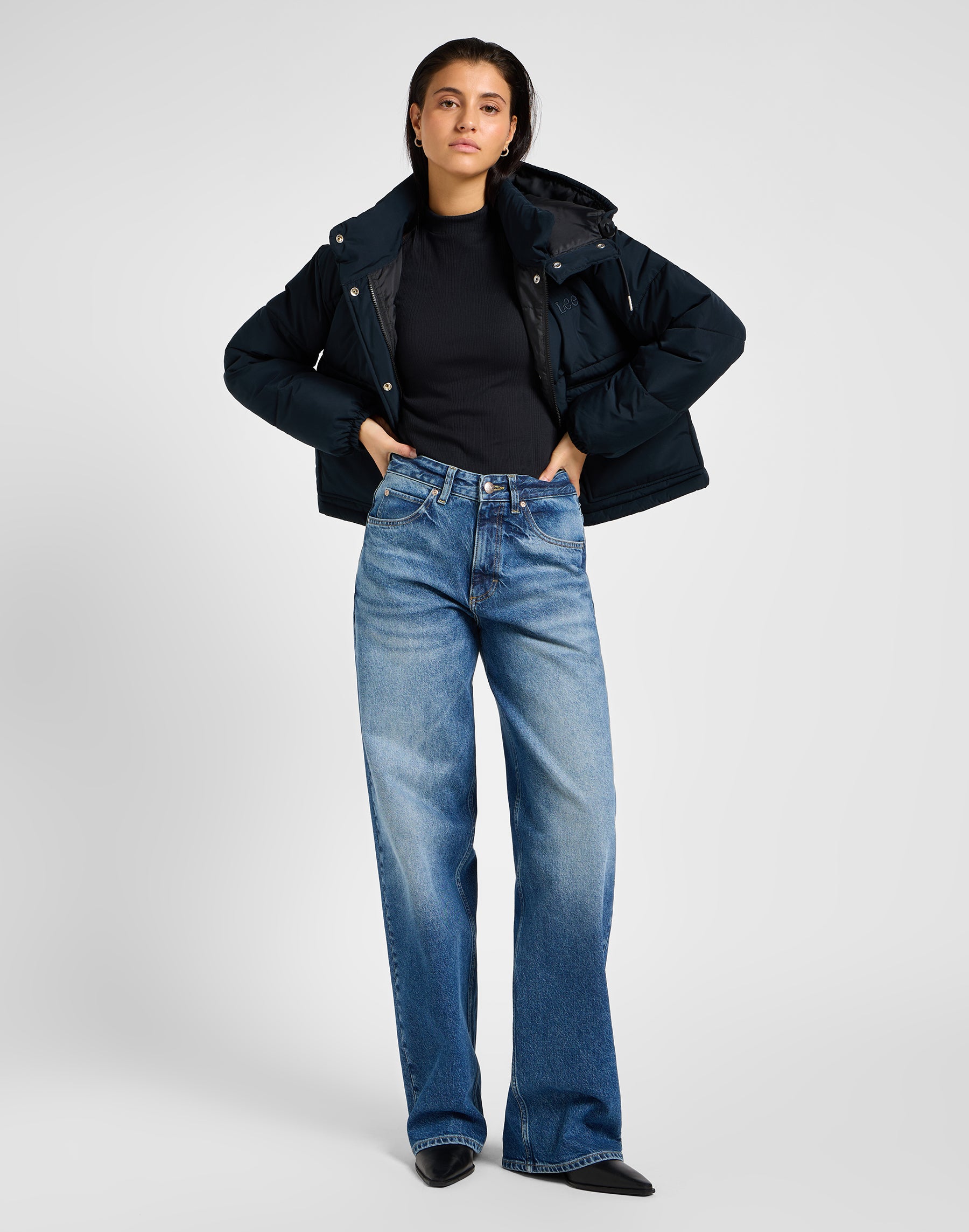 Hooded Short Puffer in Unionall Black Jackets Lee