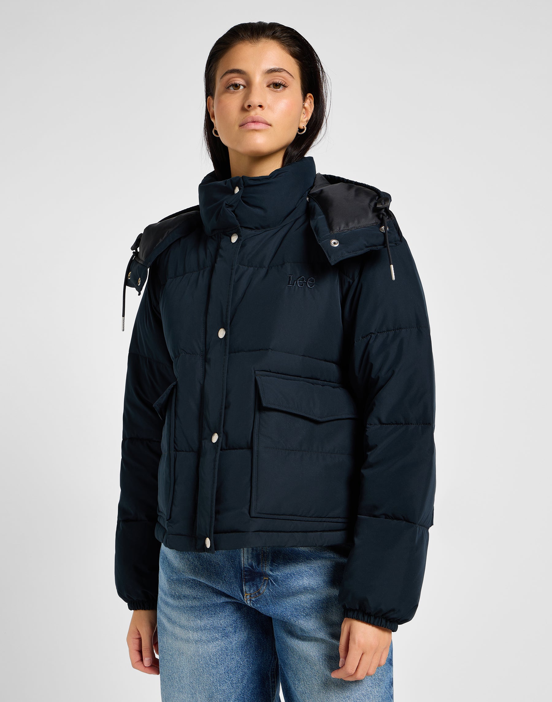 Hooded Short Puffer in Unionall Black Jackets Lee