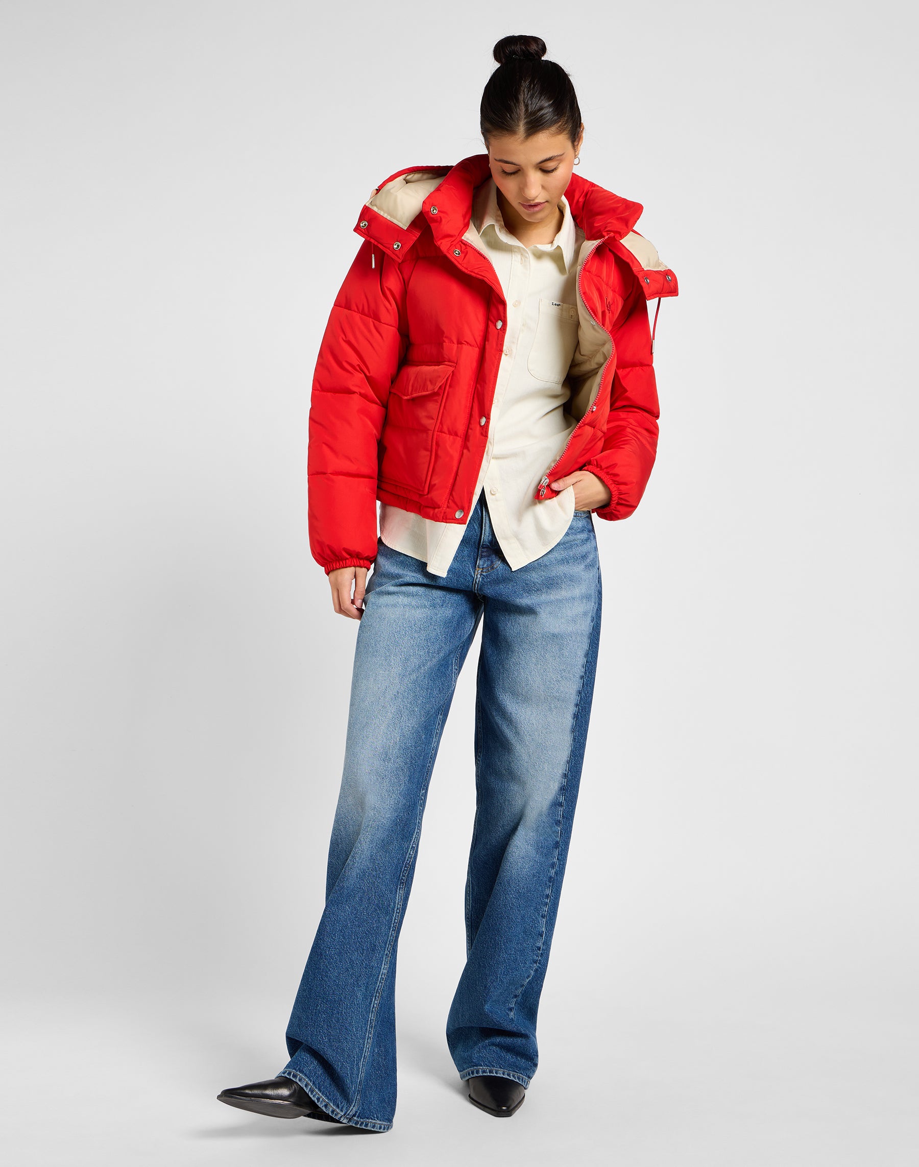 Hooded Short Puffer in True Red Jackets Lee