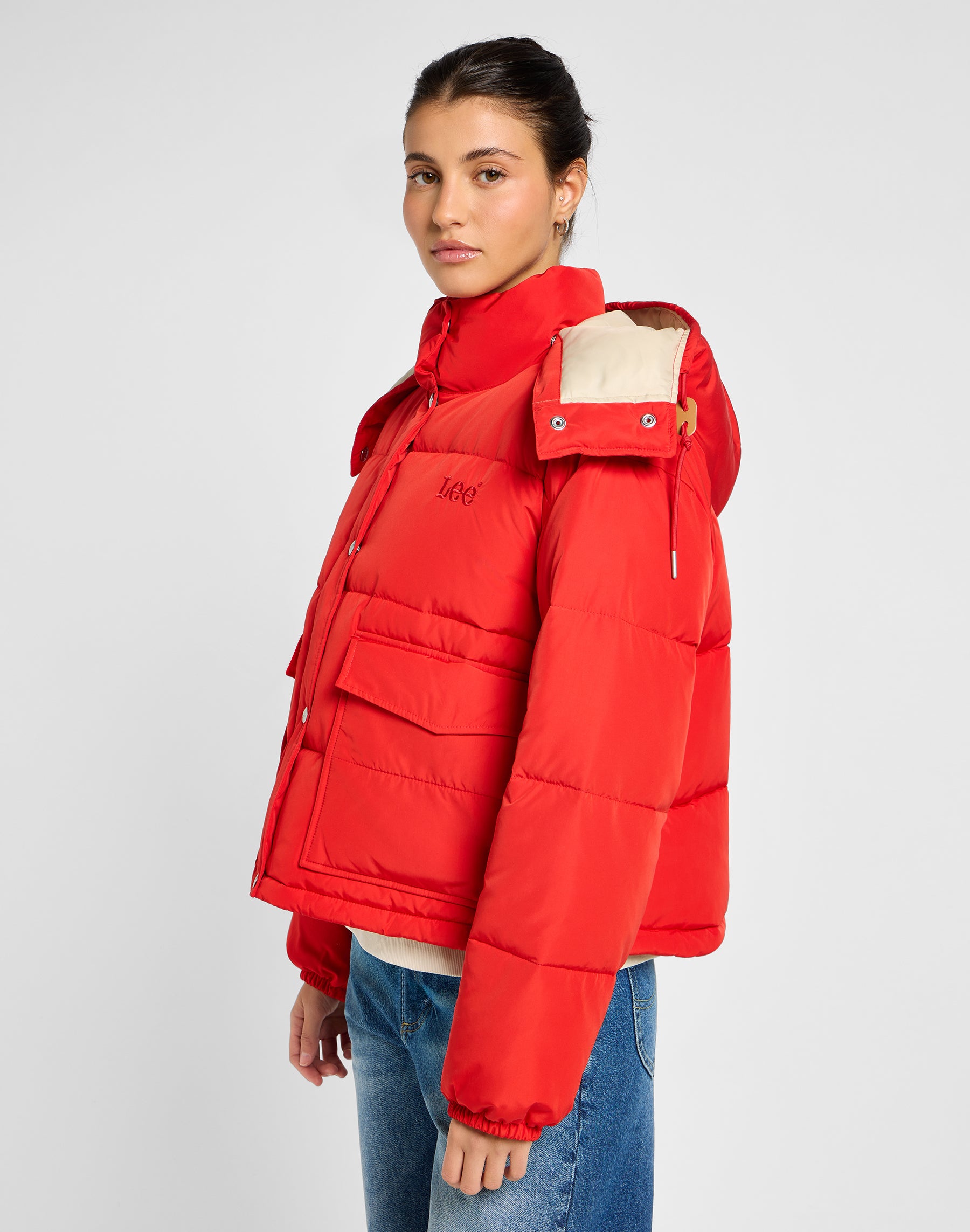 Hooded Short Puffer in True Red Jackets Lee