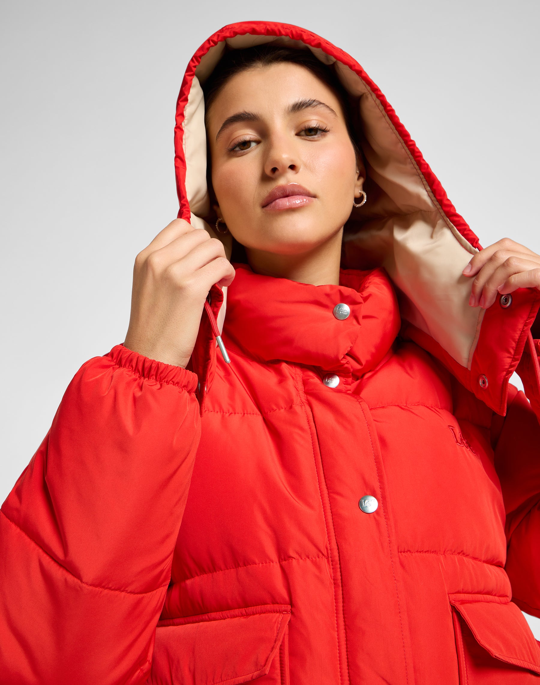 Hooded Short Puffer in True Red Jackets Lee