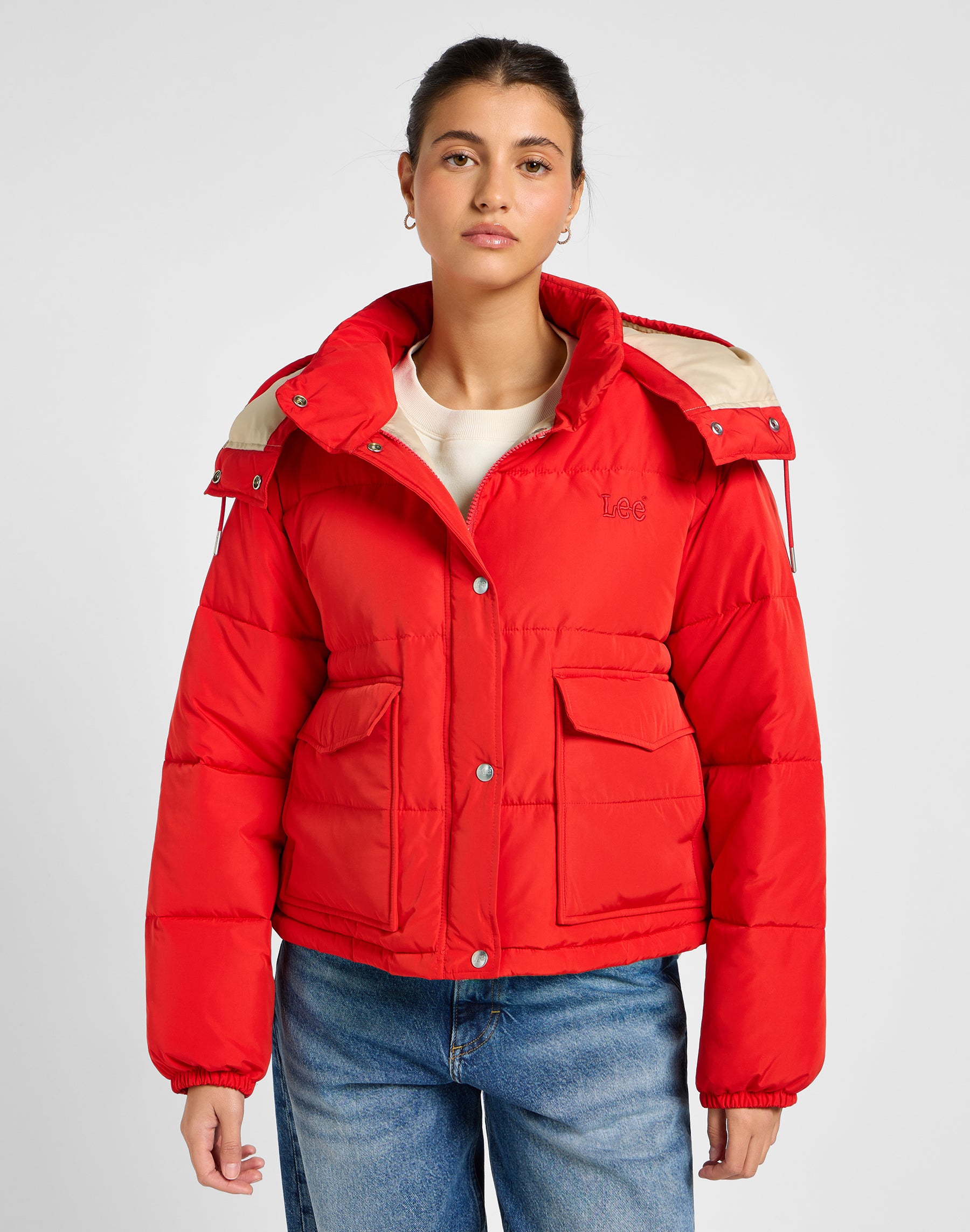 Hooded Short Puffer in True Red Jackets Lee