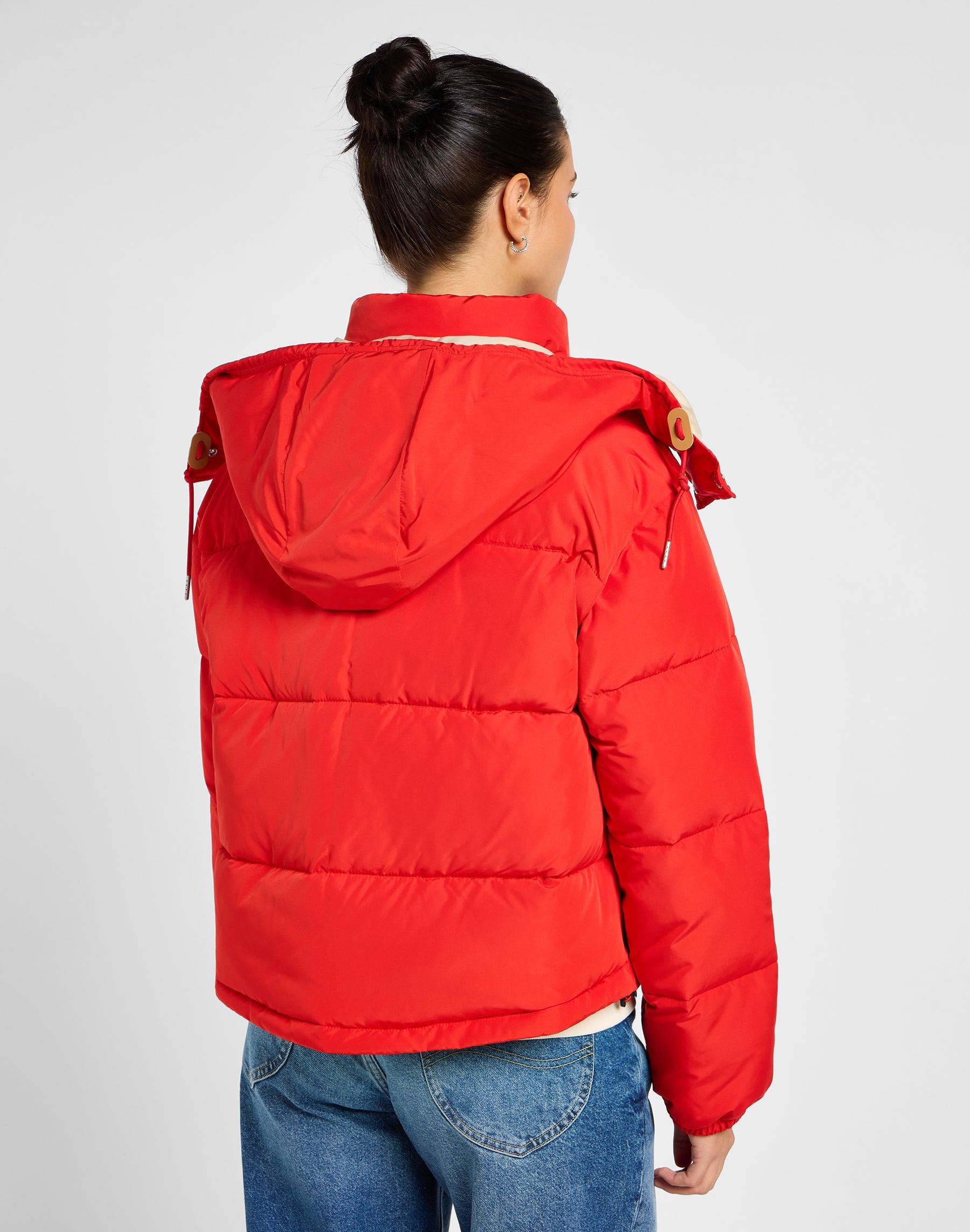 Hooded Short Puffer in True Red Jackets Lee