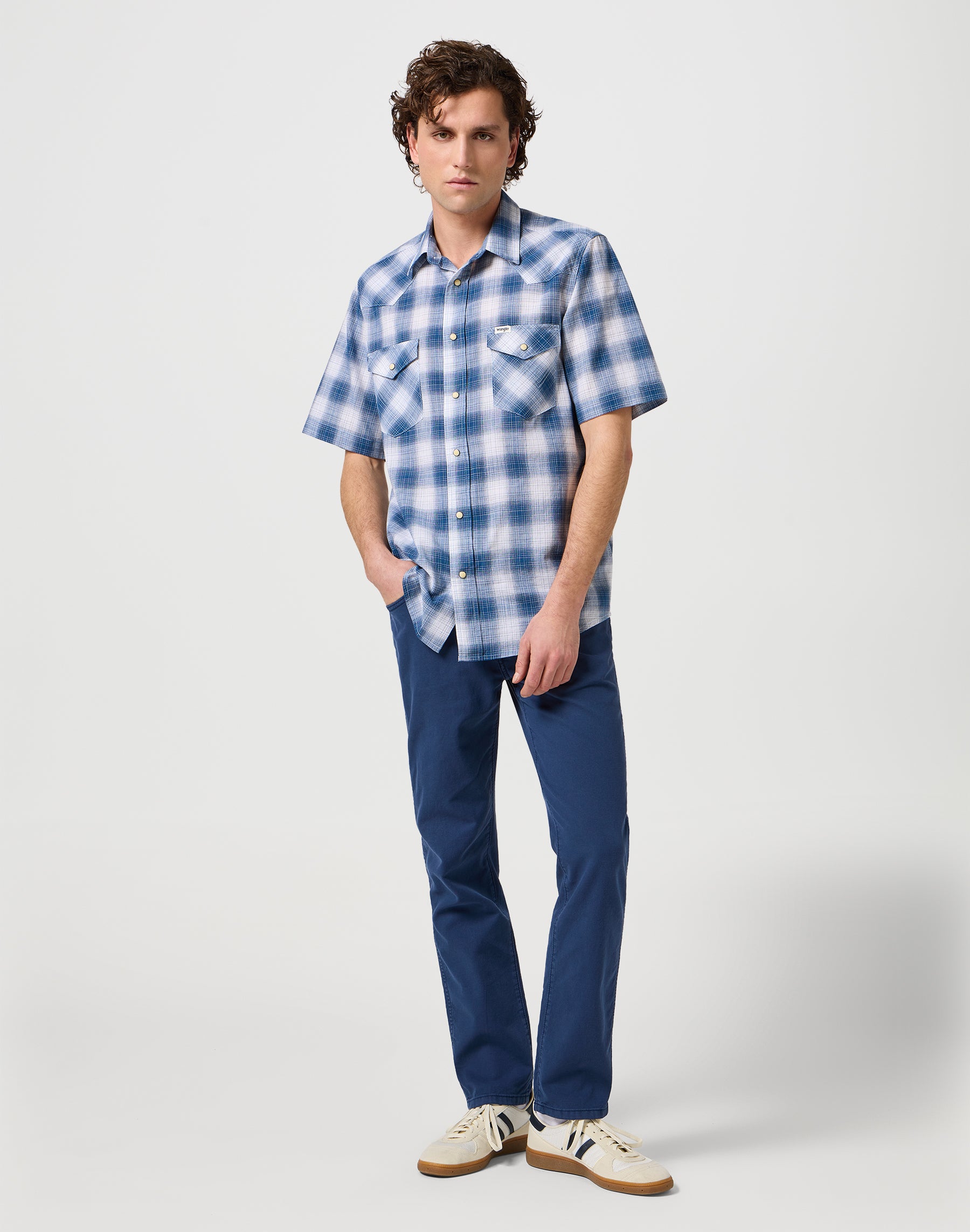 Larston in navy pants Wrangler