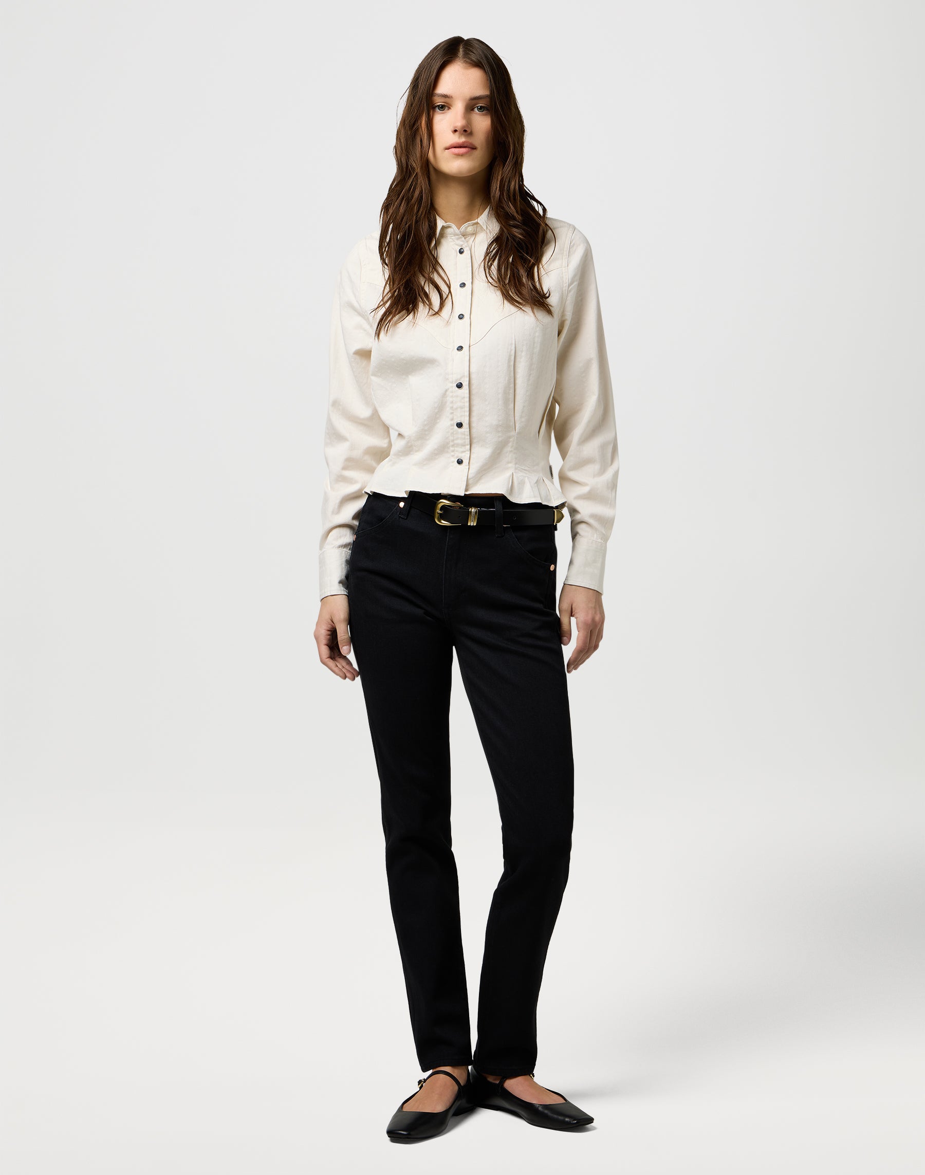 Femme Peplum Shirt in Pinstar White Shirts Wrangler