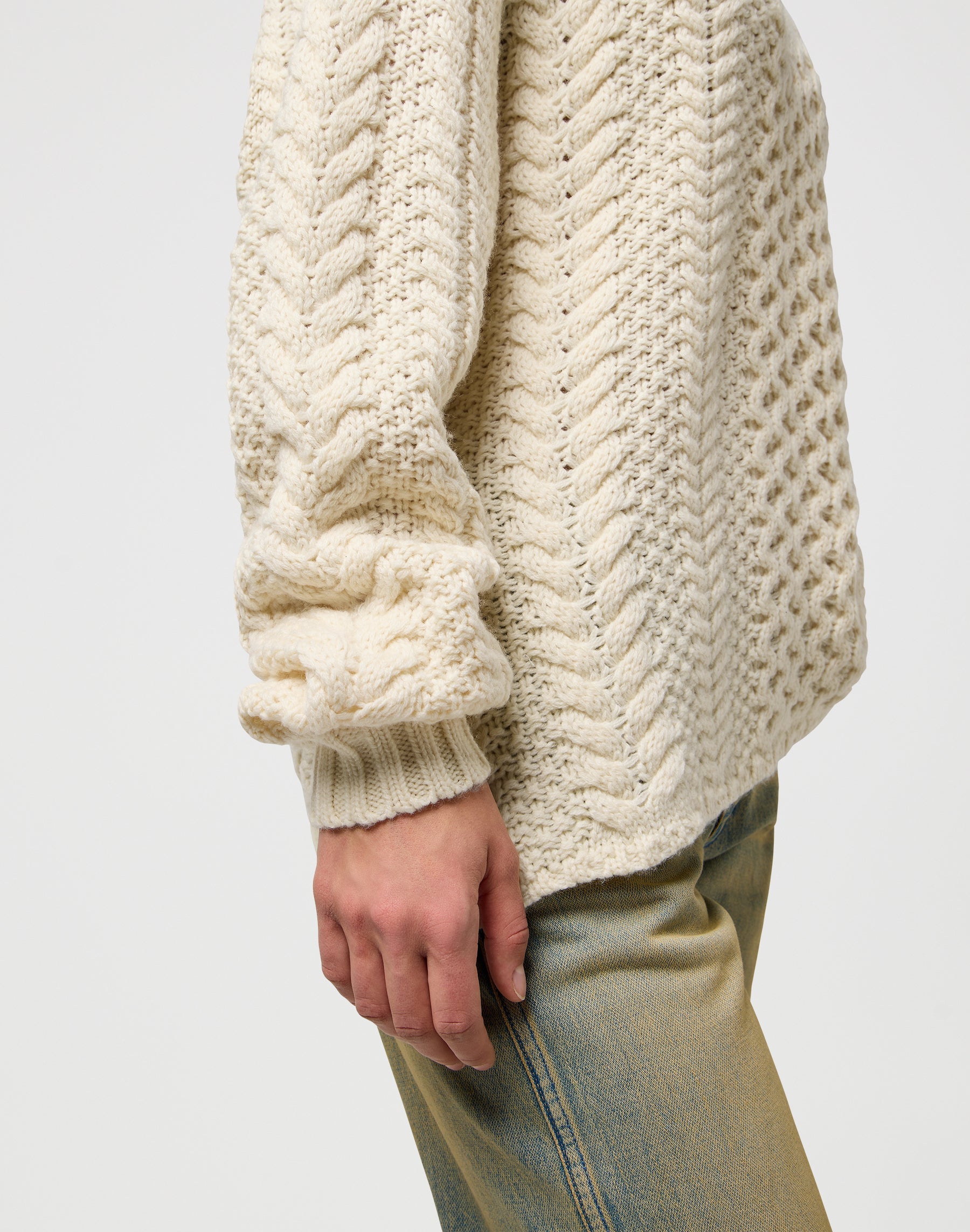 V Neck Cable Knit in Ivory Sweater Wrangler