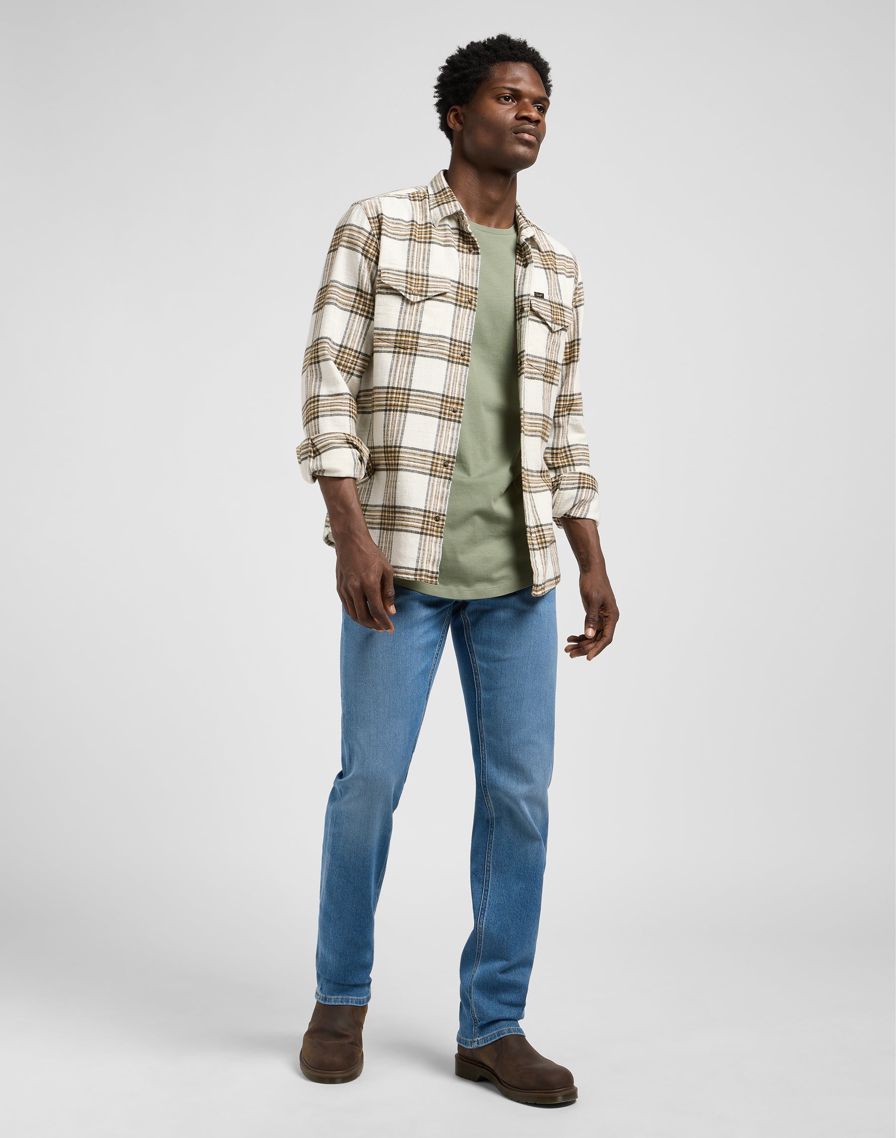Clean Western Shirt in Ecru Ochre Plaid Shirts Lee