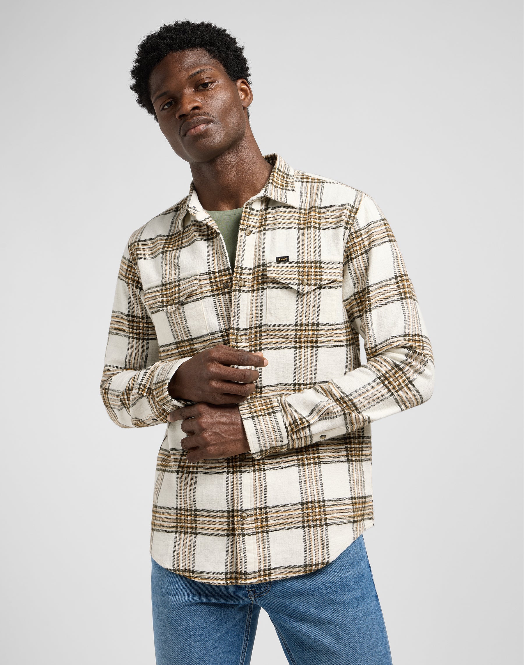 Clean Western Shirt in Ecru Ochre Plaid Shirts Lee