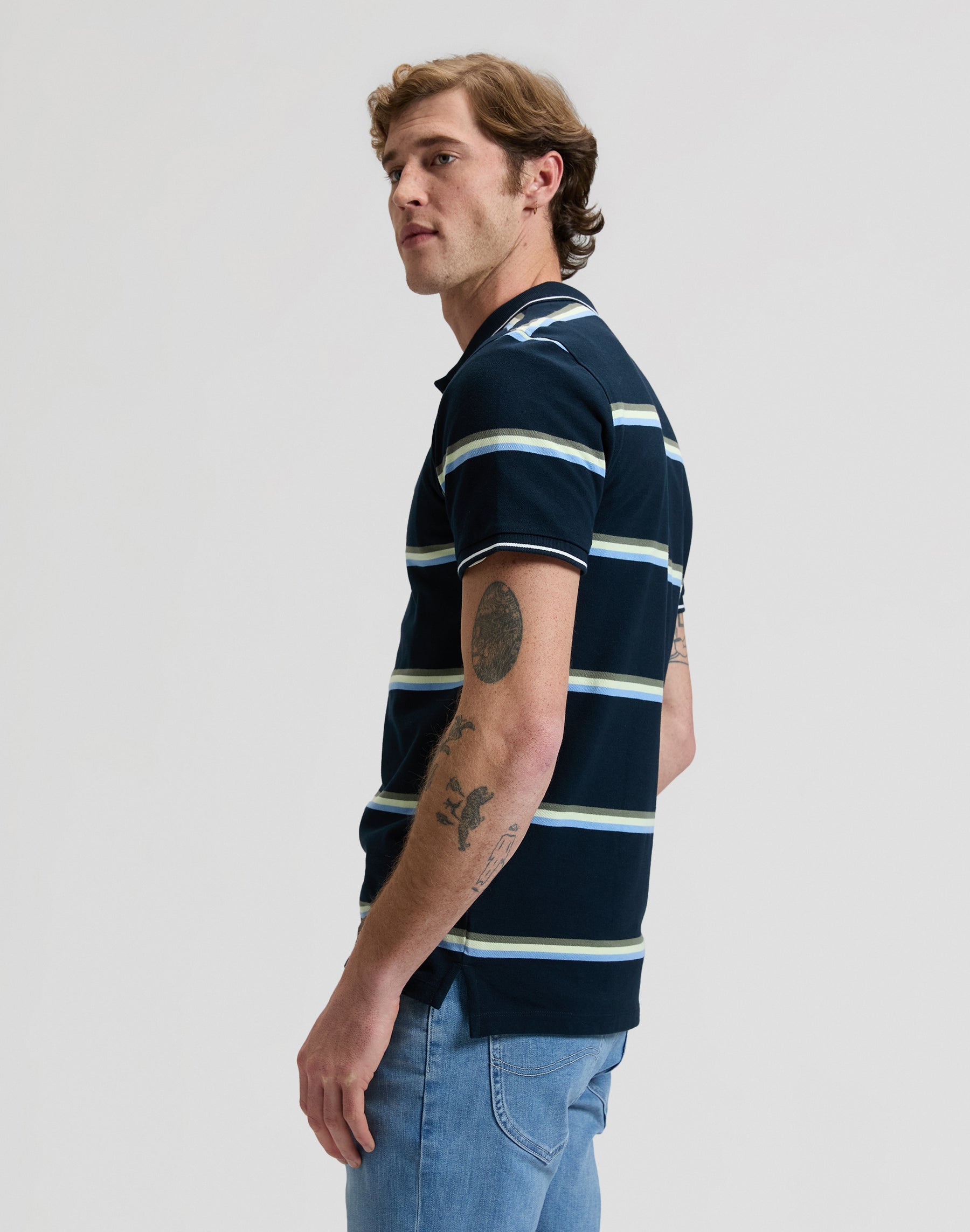 Pique polo shirt in lime ice navy stripe