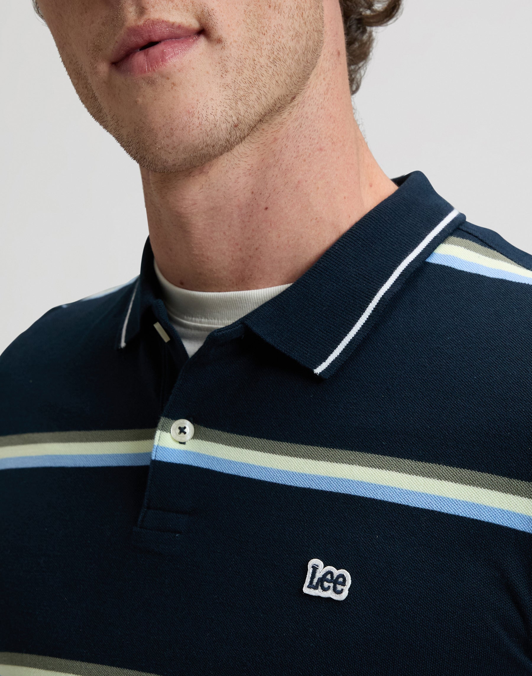 Pique polo shirt in lime ice navy stripe