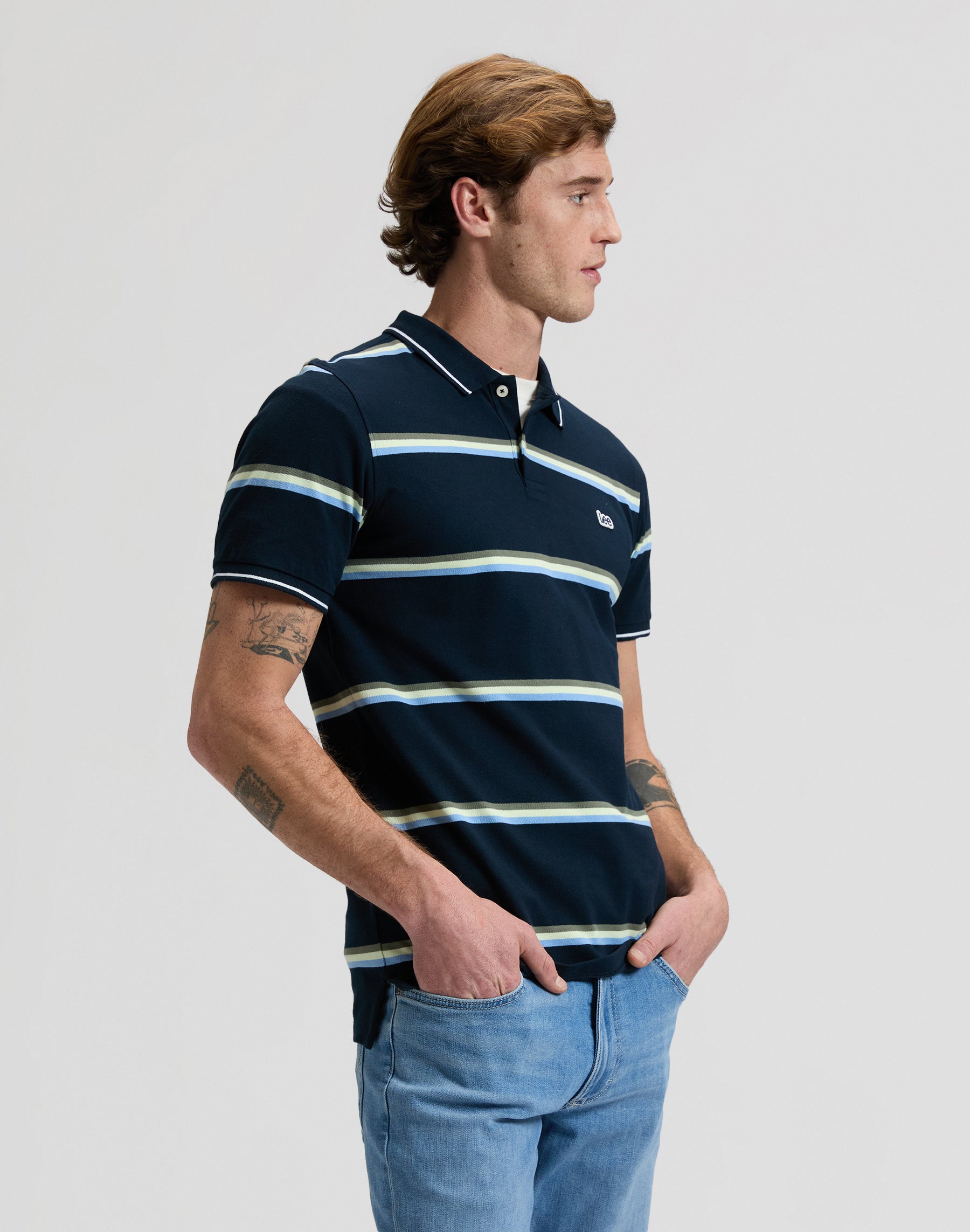 Pique polo shirt in lime ice navy stripe