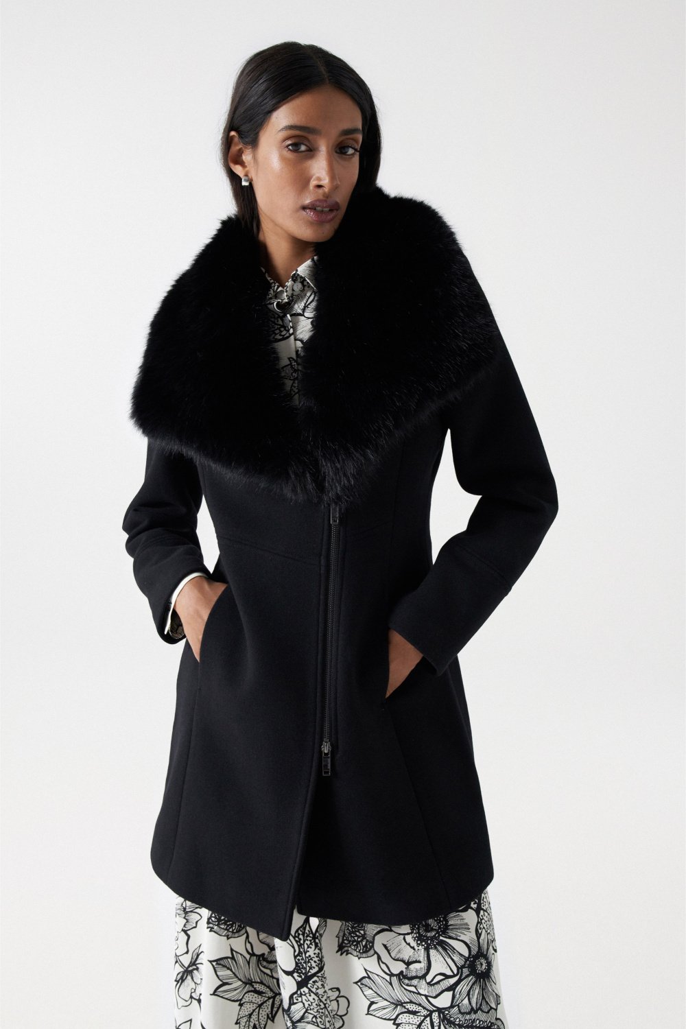 Wool Coat With Fur Collar in Black Jackets Salsa Jeans
