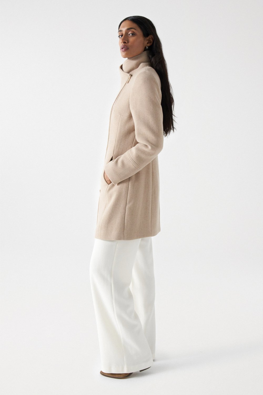 Wool Coat With Fur Collar in Medium Beige V1 Jackets Salsa Jeans