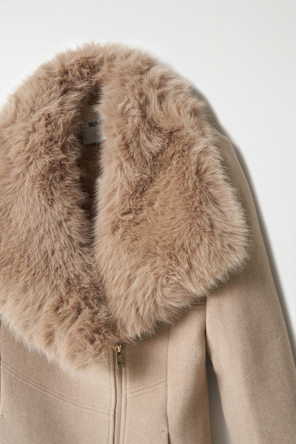 Wool Coat With Fur Collar in Medium Beige V1 Jackets Salsa Jeans