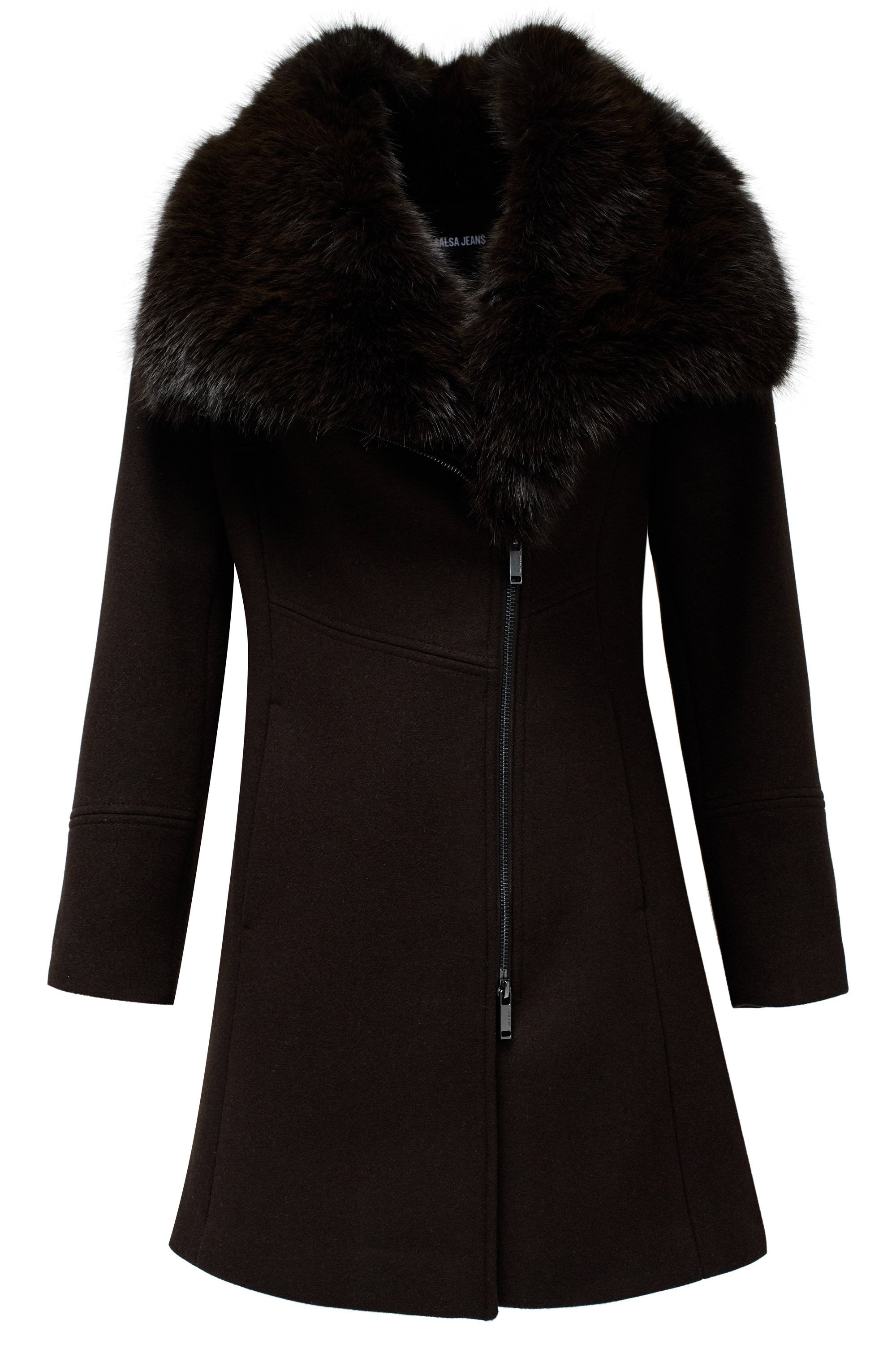 Wool Coat With Fur Collar in Dark Brown Jackets Salsa Jeans