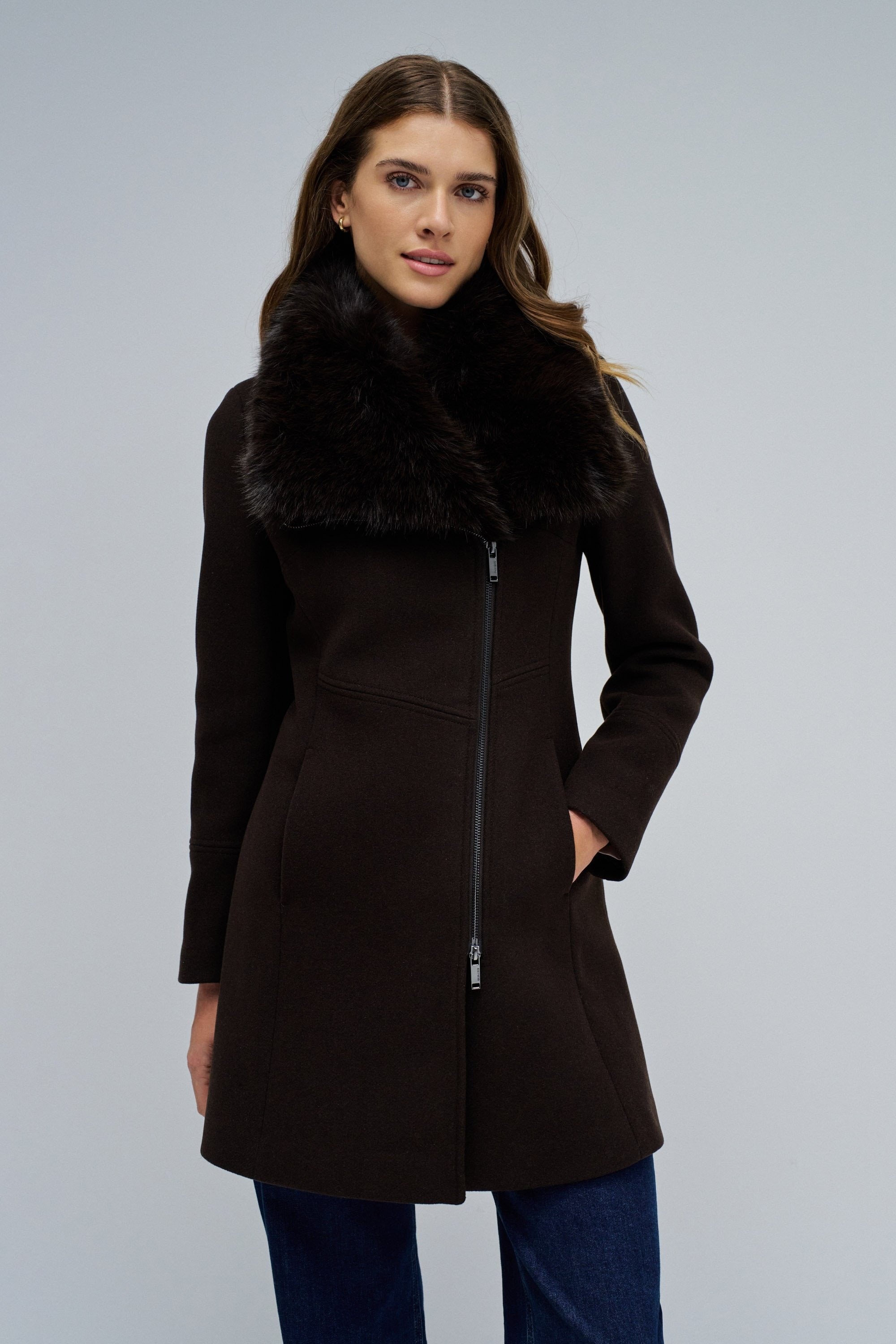 Wool Coat With Fur Collar in Dark Brown Jackets Salsa Jeans