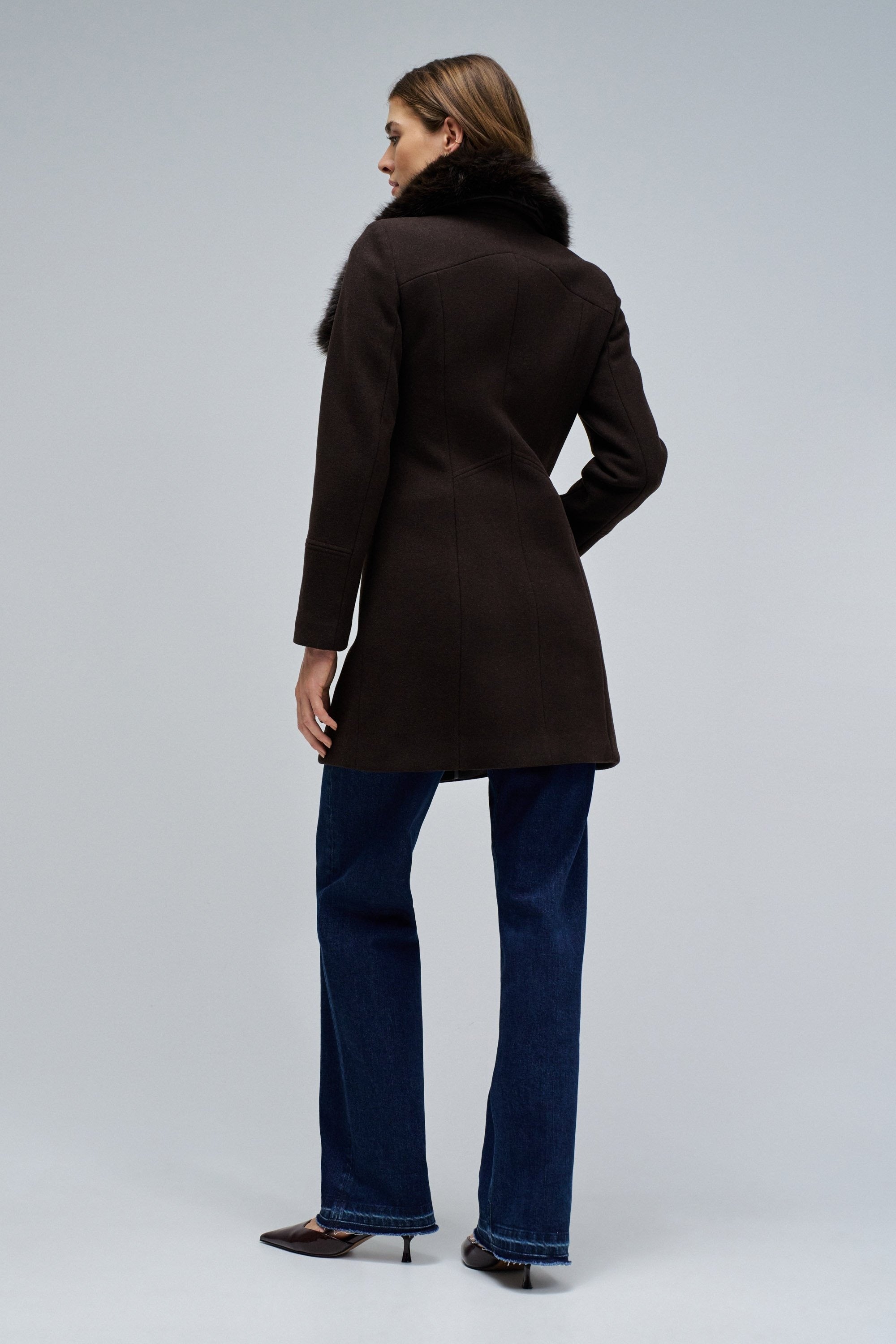 Wool Coat With Fur Collar in Dark Brown Jackets Salsa Jeans