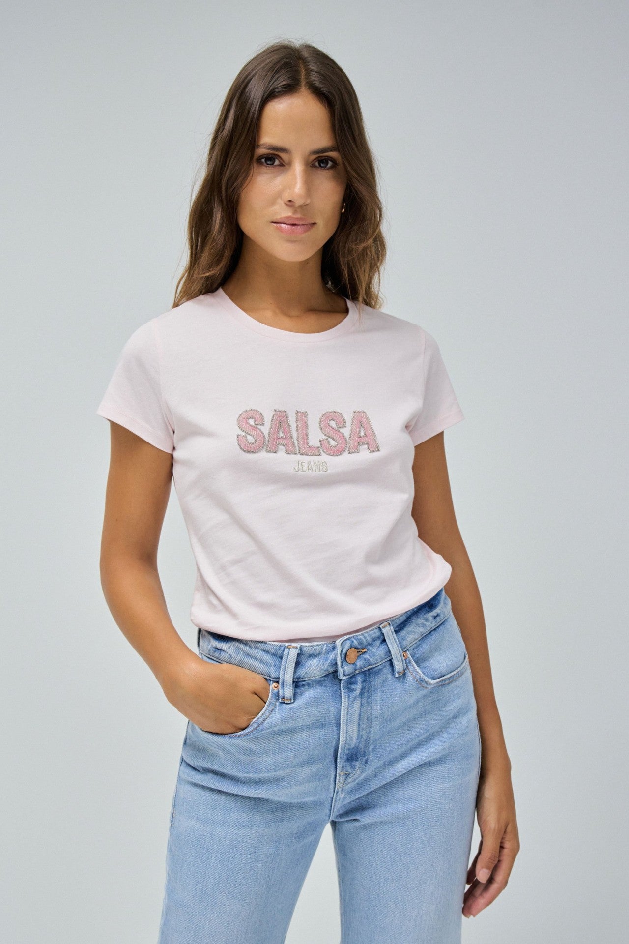Institutional Beaded Branding T-Shirt in Light Pink V1 T-Shirts Salsa Jeans