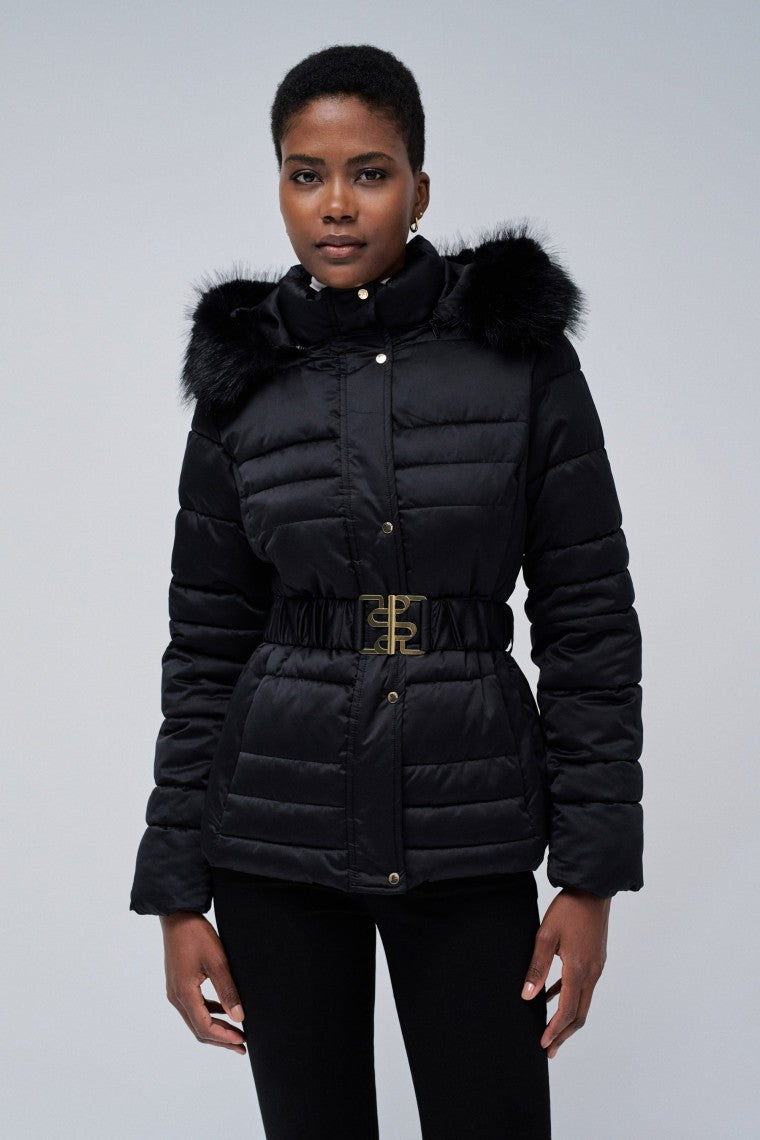 Short puffer coat with fur hood sale