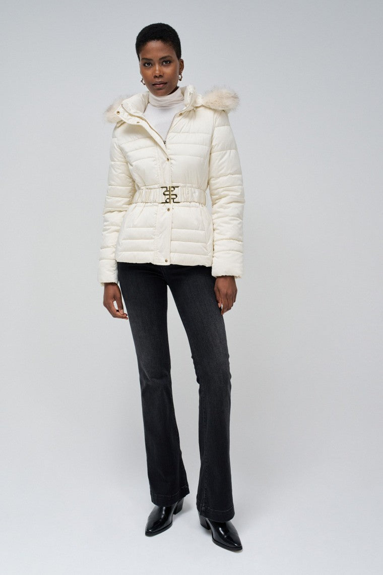 Short Puffer Coat With Fur Hood in Light Beige Jackets Salsa Jeans
