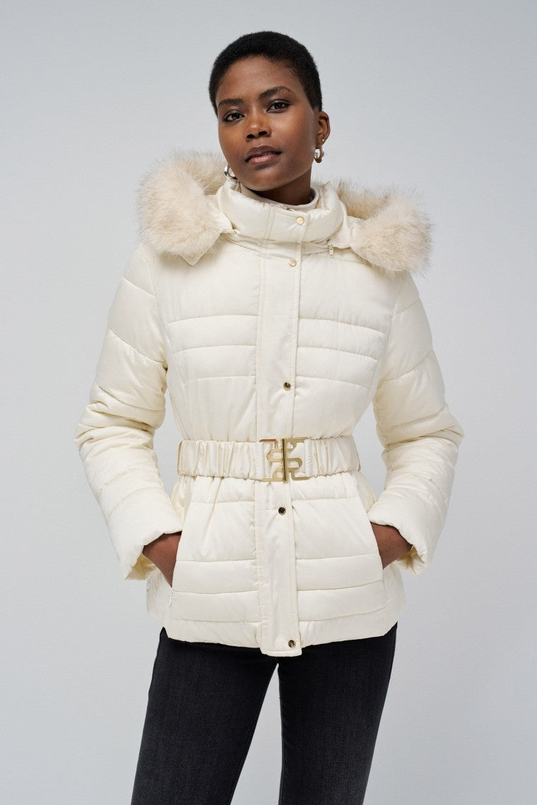 Short Puffer Coat With Fur Hood in Light Beige Jackets Salsa Jeans