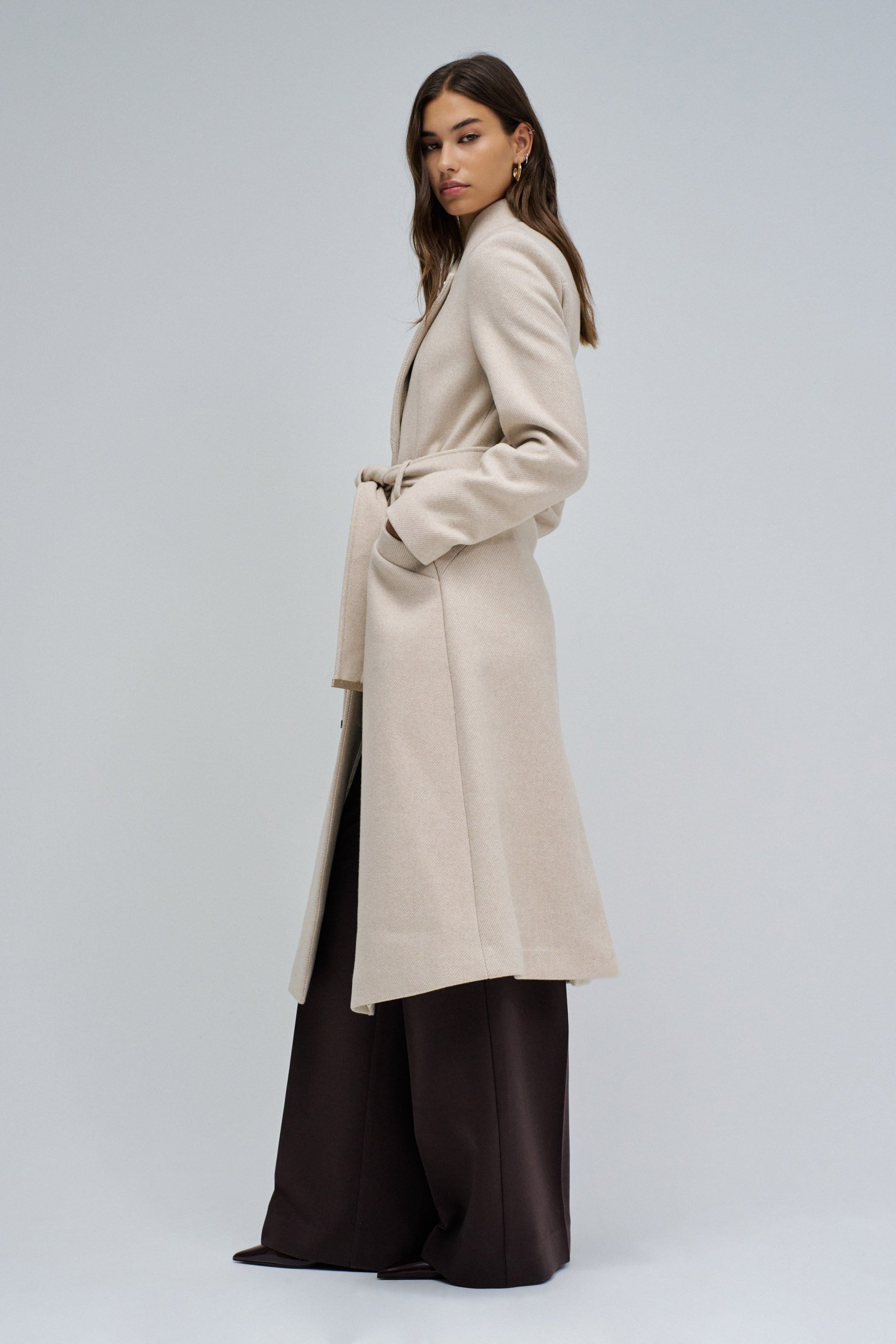 Long Wool Peacoat With Belt in Light Beige V1 Jackets Salsa Jeans