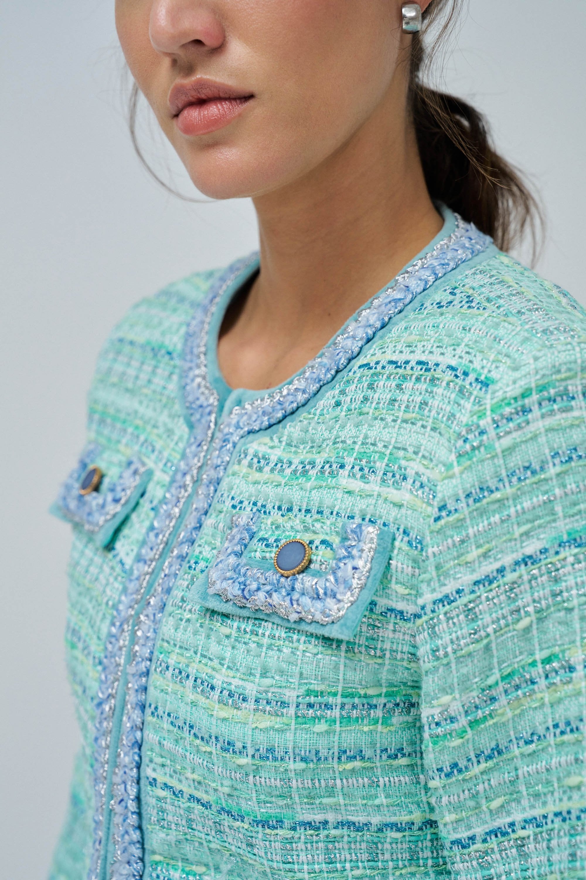 Colorful Tweed Chanel-Style Jacket in Light Green Jackets Salsa Jeans