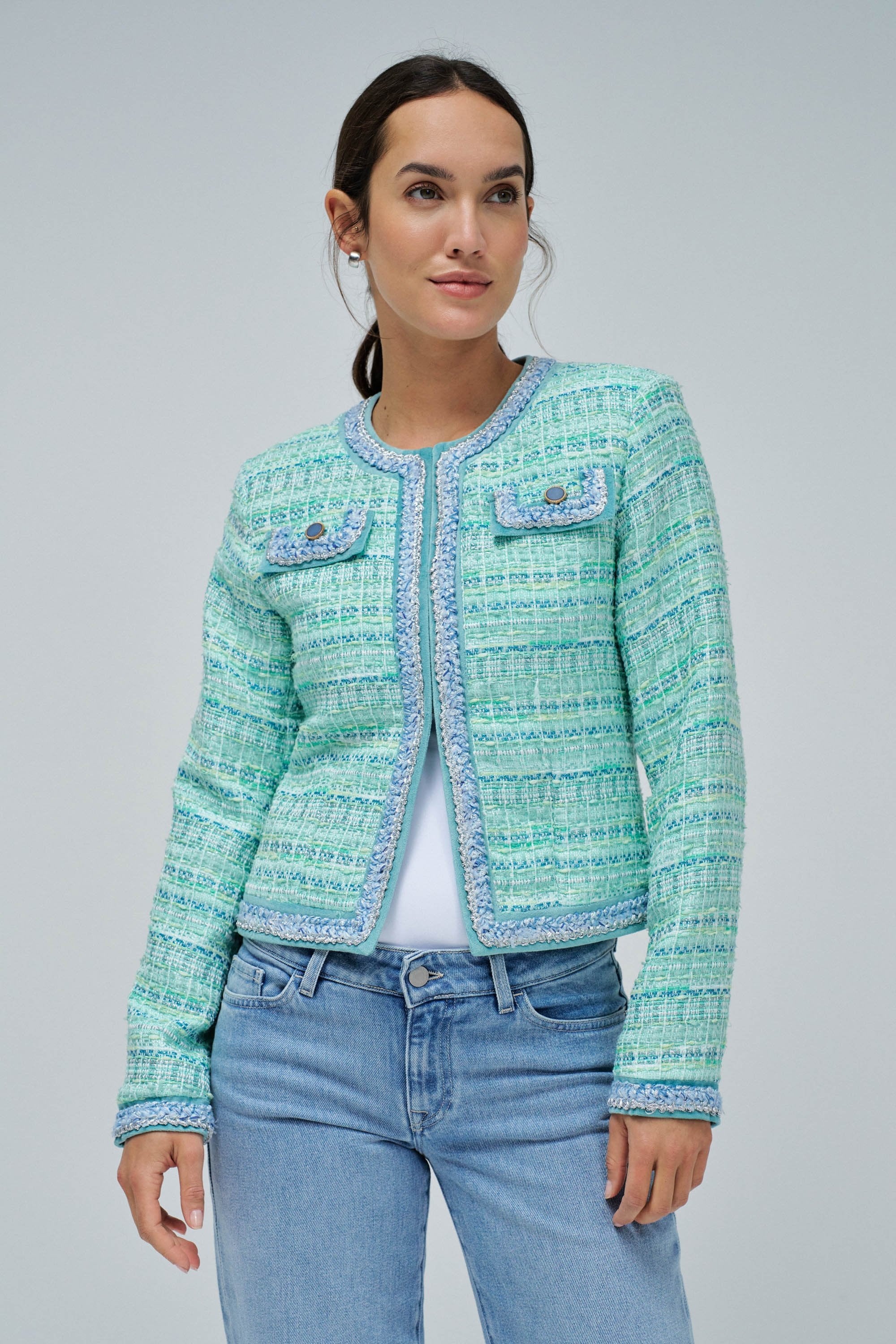Colorful Tweed Chanel-Style Jacket in Light Green Jackets Salsa Jeans