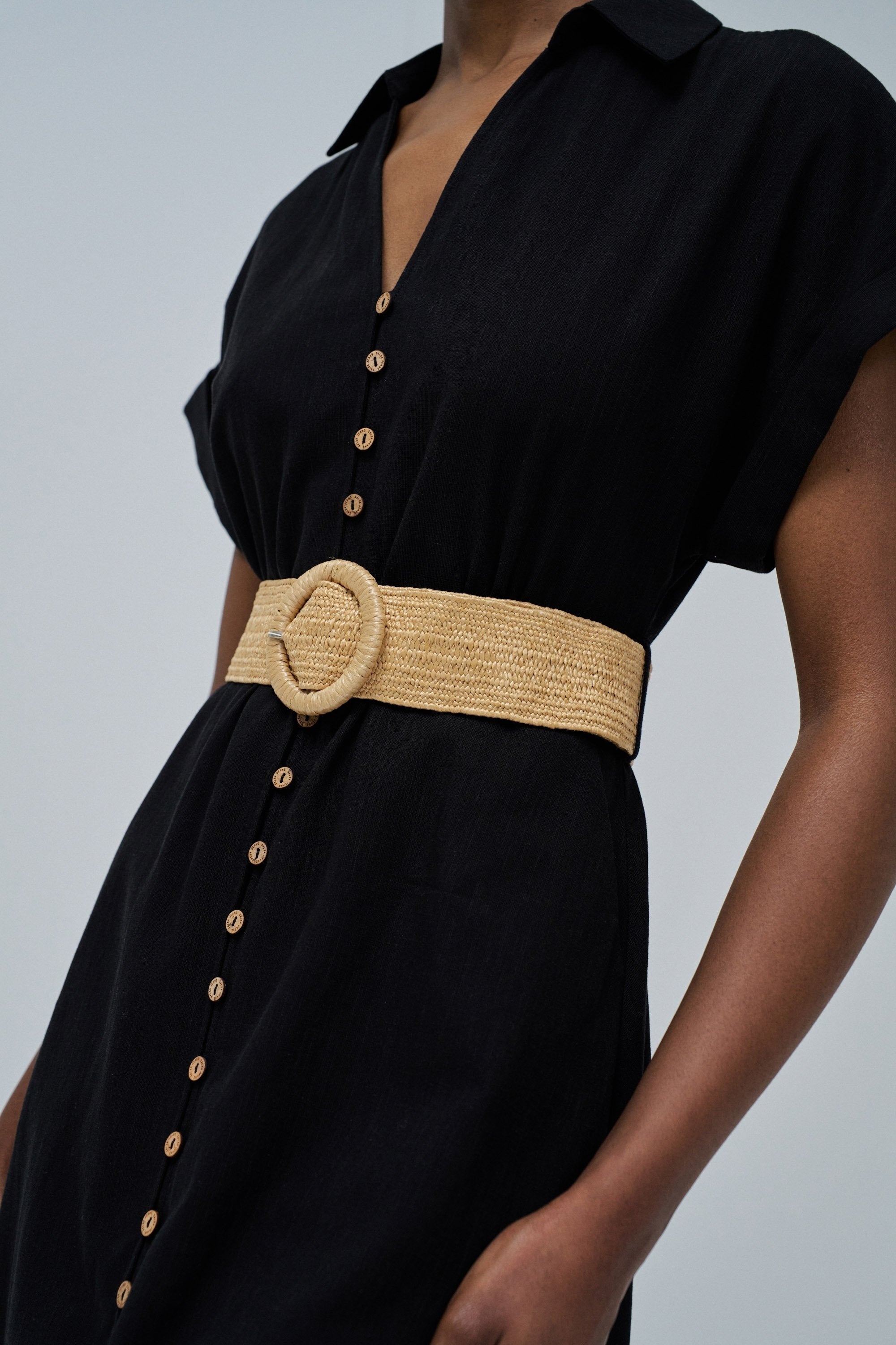Linen Shirt Dress With Front Buttoned Belt in Black Dresses Salsa Jeans