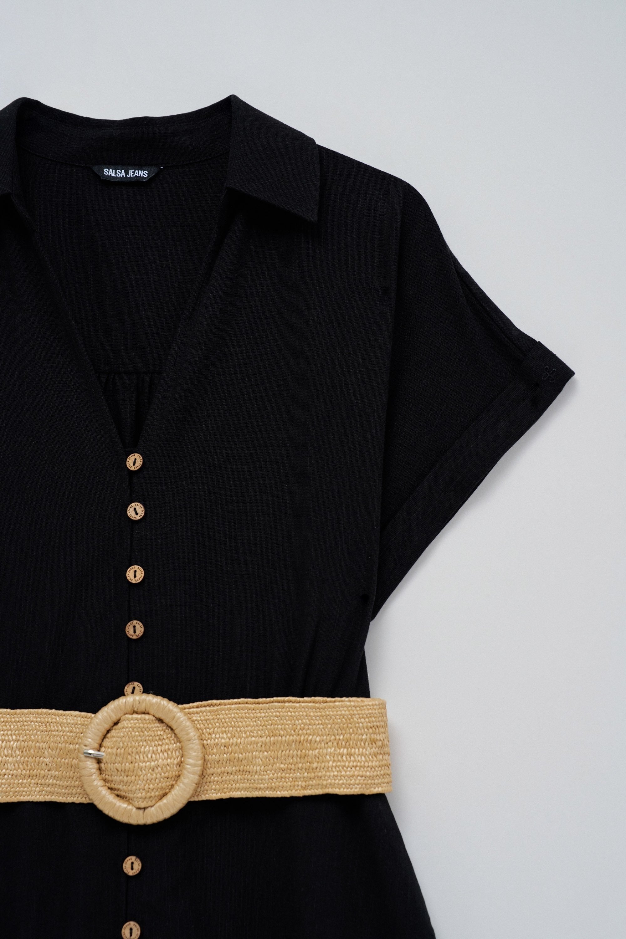 Linen Shirt Dress With Front Buttoned Belt in Black Dresses Salsa Jeans