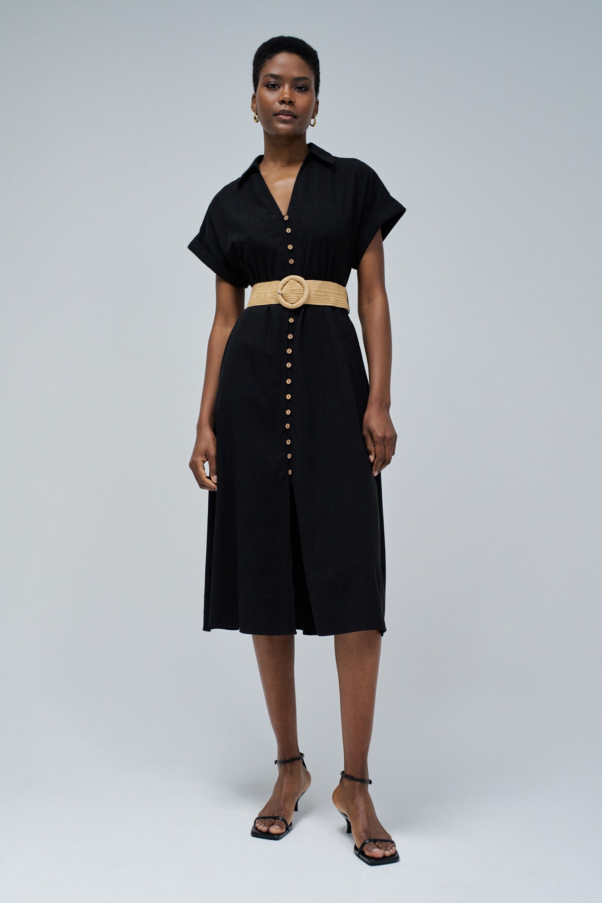 Linen Shirt Dress With Front Buttoned Belt in Black Dresses Salsa Jeans