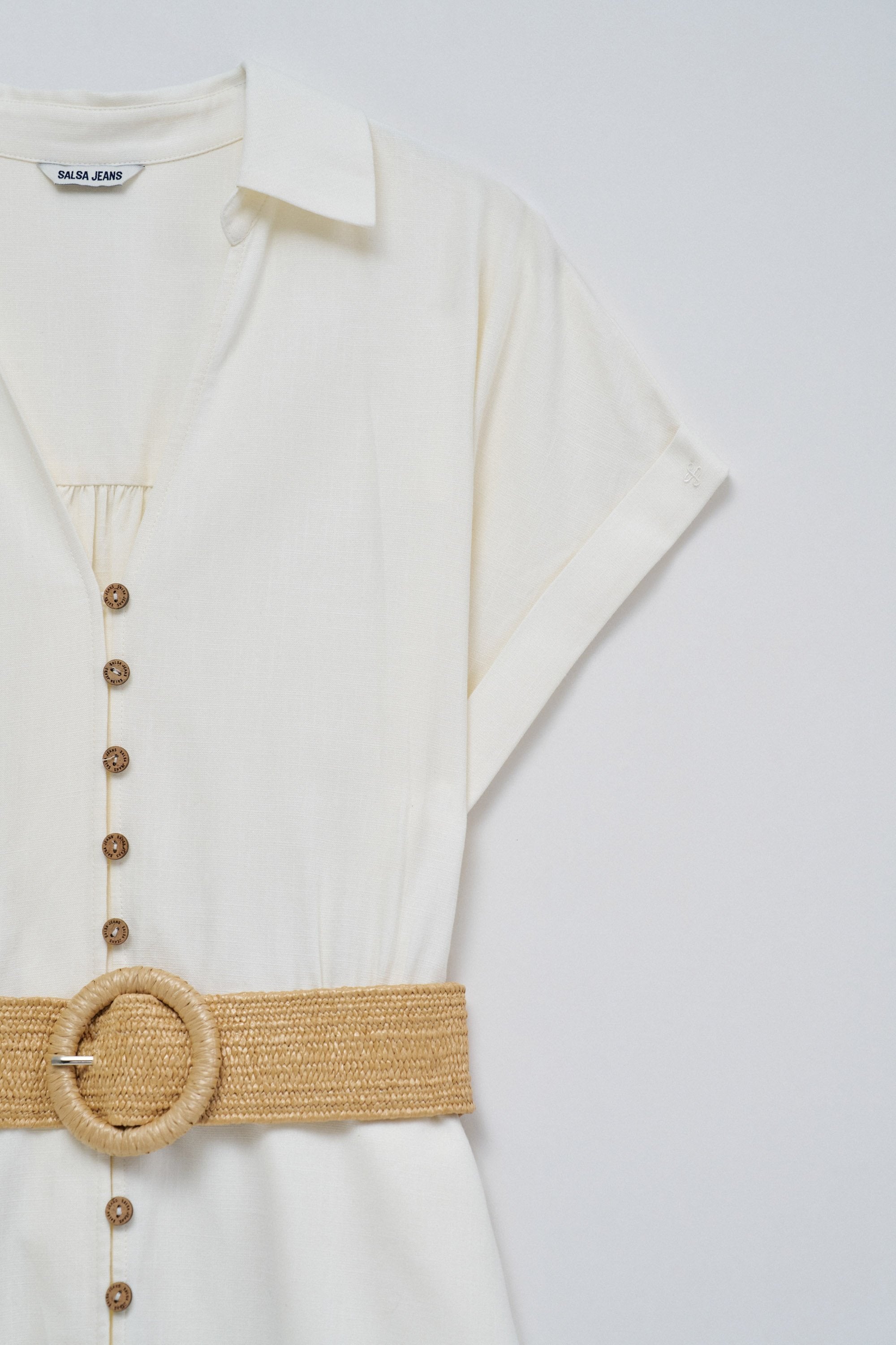 Linen Shirt Dress With Front Buttoned Belt in Light Pearl V1 Dresses Salsa Jeans