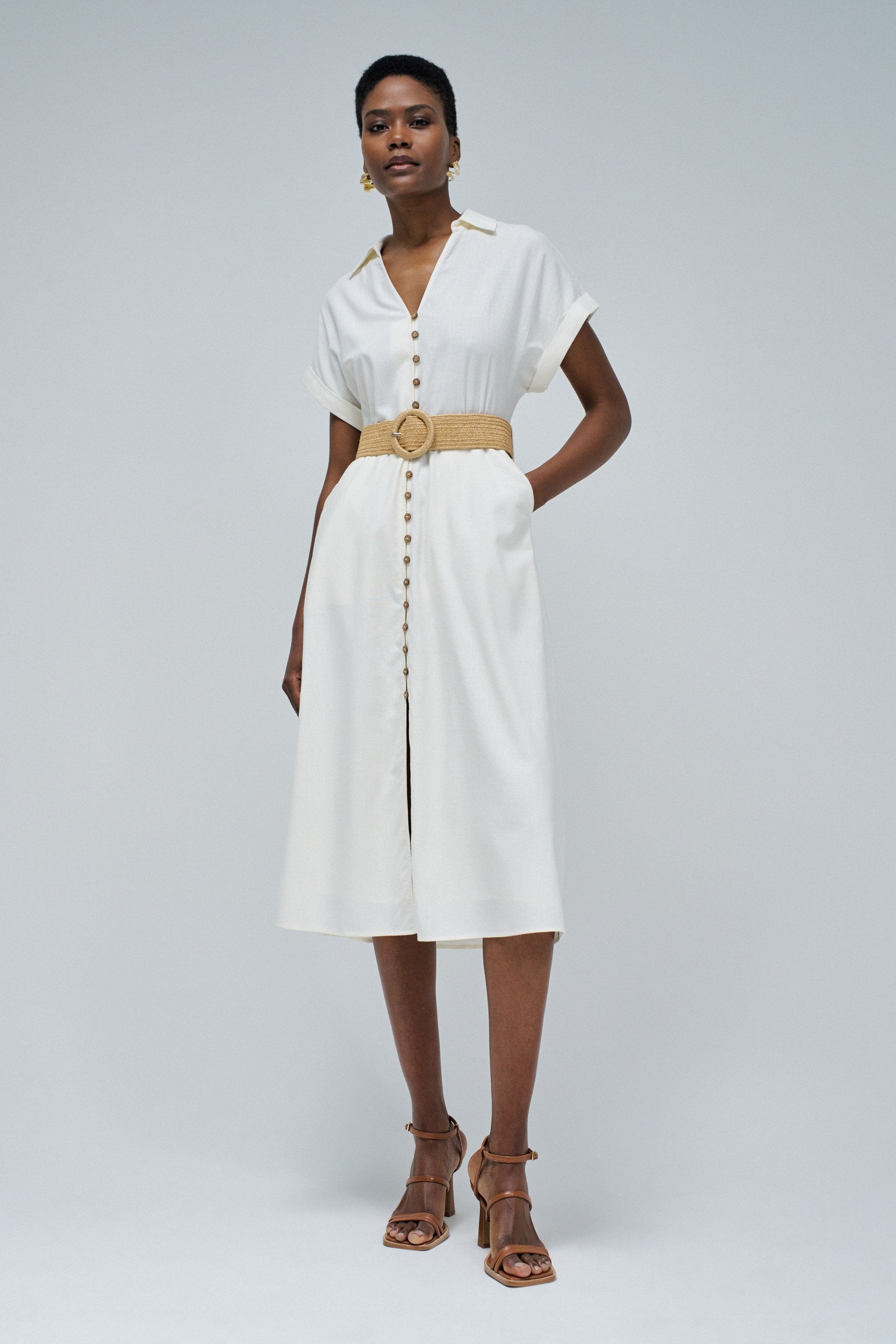 Linen Shirt Dress With Front Buttoned Belt in Light Pearl V1 Dresses Salsa Jeans
