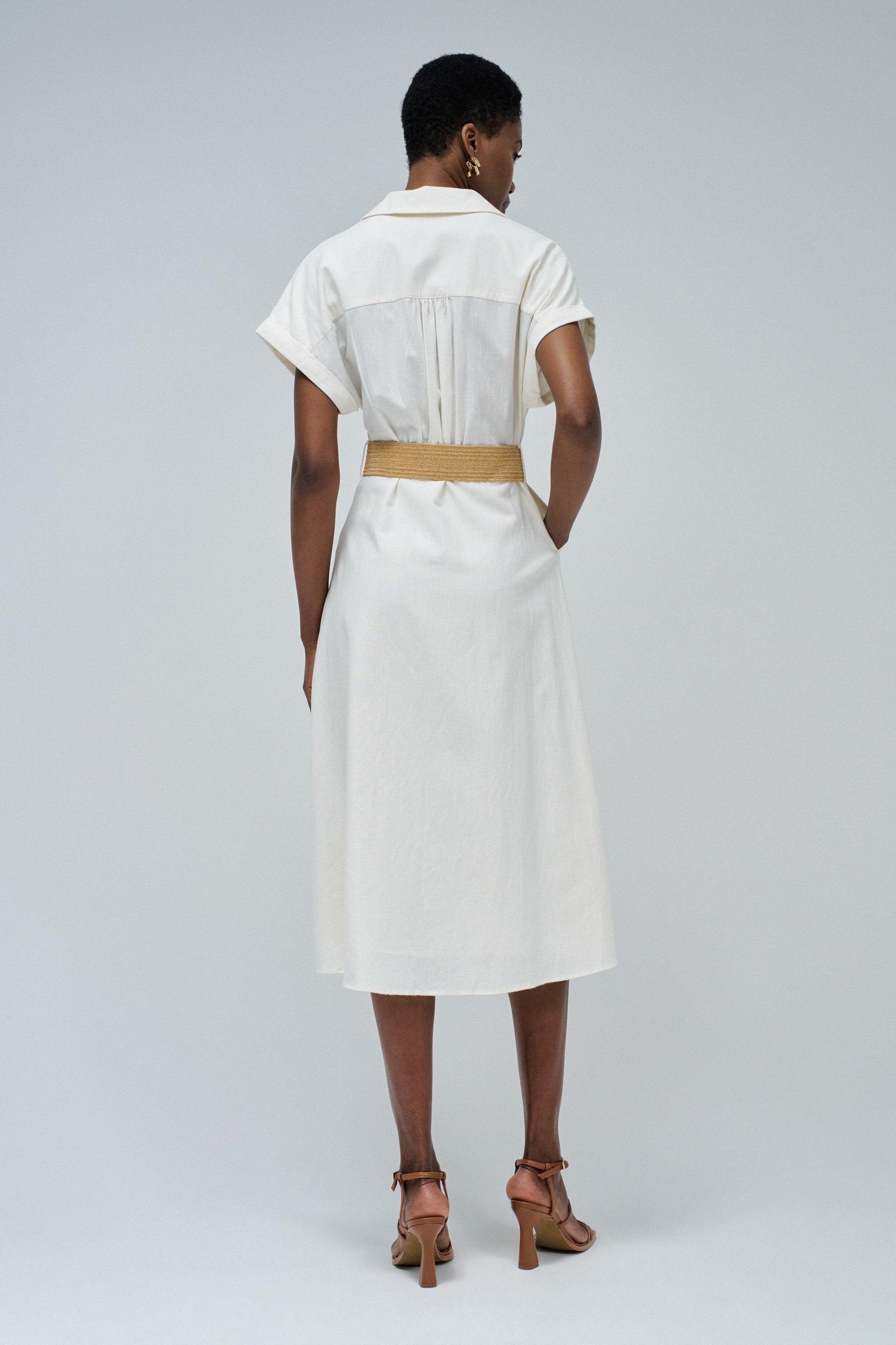 Linen Shirt Dress With Front Buttoned Belt in Light Pearl V1 Dresses Salsa Jeans