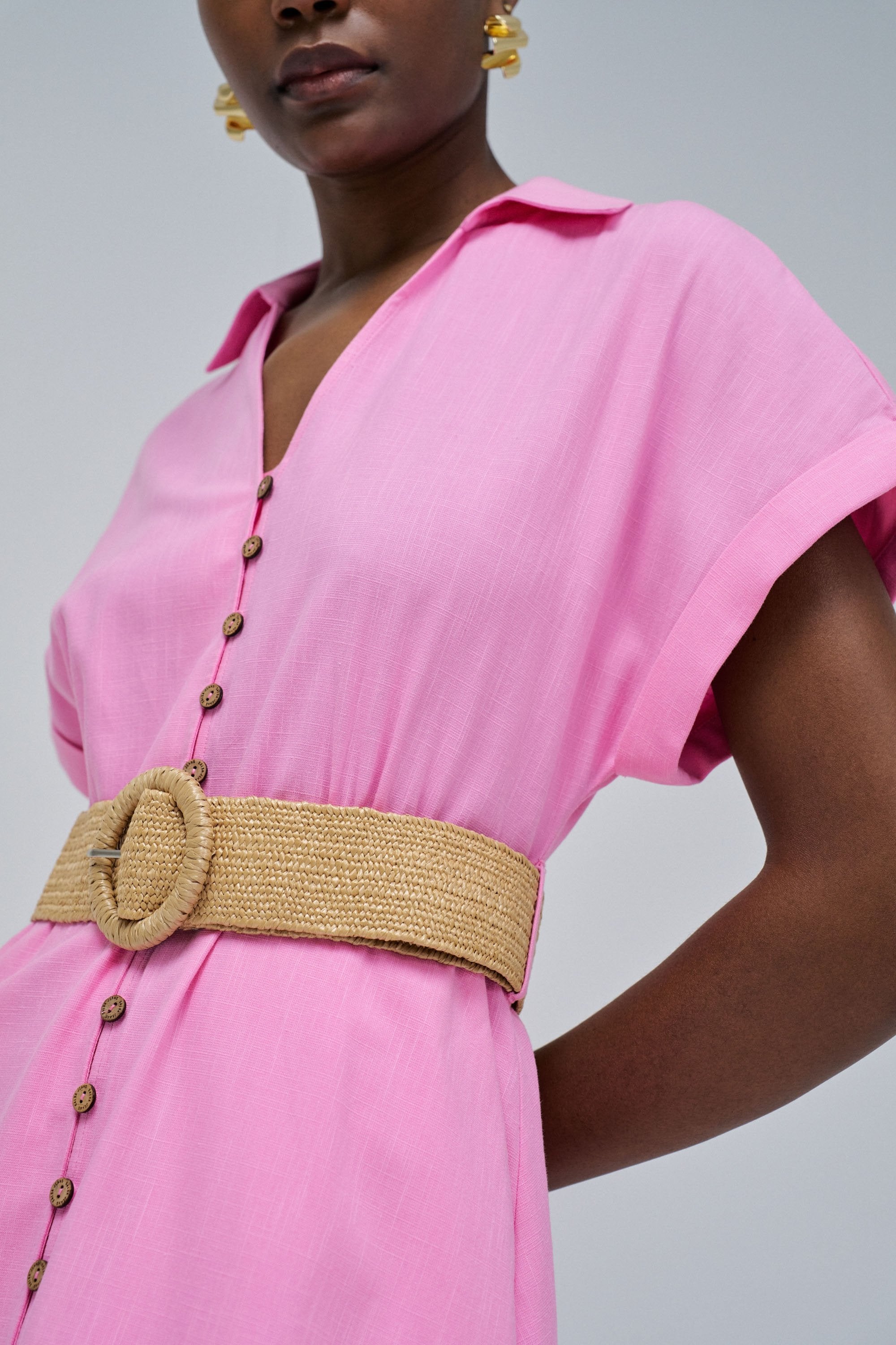 Linen Shirt Dress With Front Buttoned Belt in Medium Pink Dresses Salsa Jeans