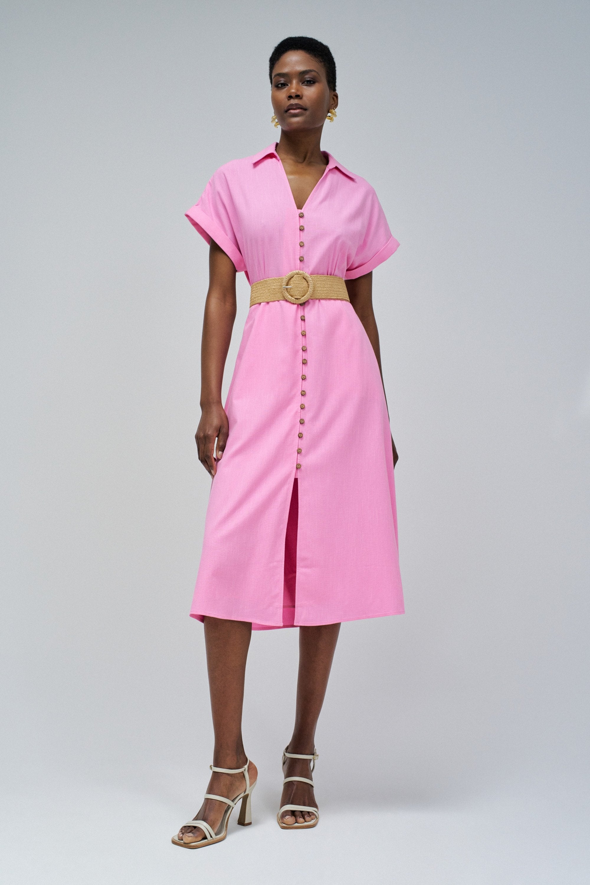 Linen Shirt Dress With Front Buttoned Belt in Medium Pink Dresses Salsa Jeans