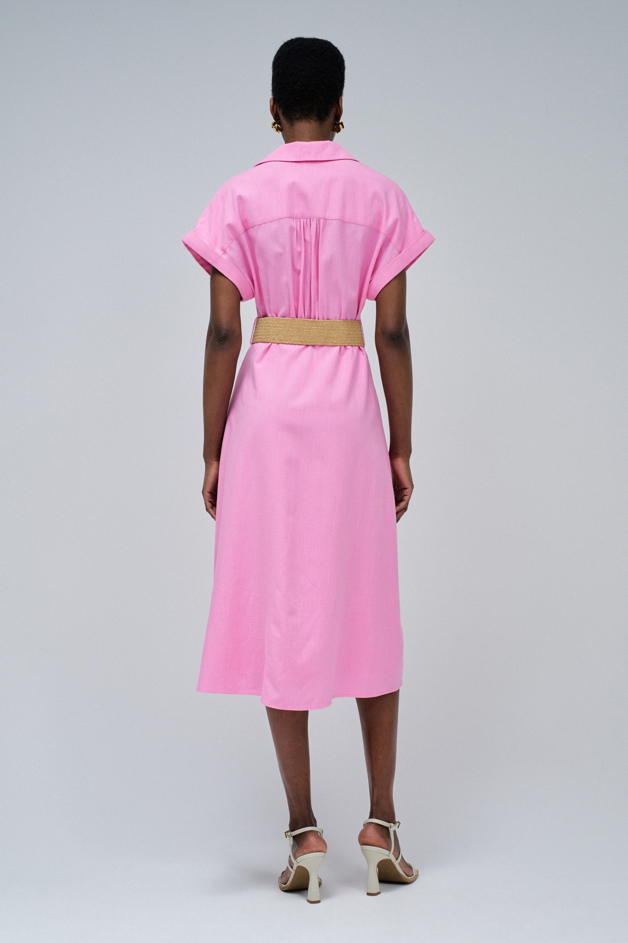 Linen Shirt Dress With Front Buttoned Belt in Medium Pink Dresses Salsa Jeans
