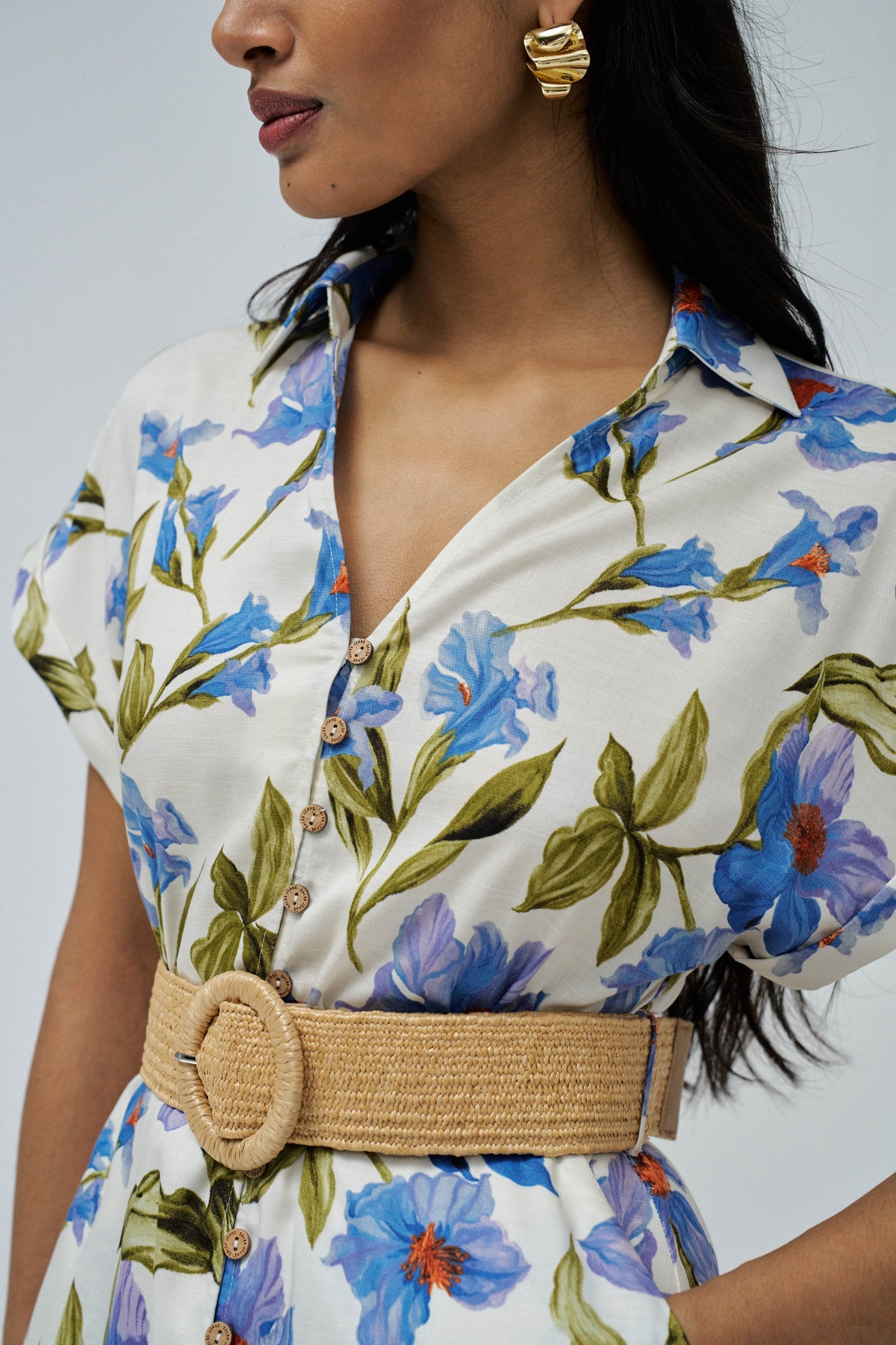 Linen Shirt Dress With Front Buttoned Belt in Medium Blue V1 Dresses Salsa Jeans