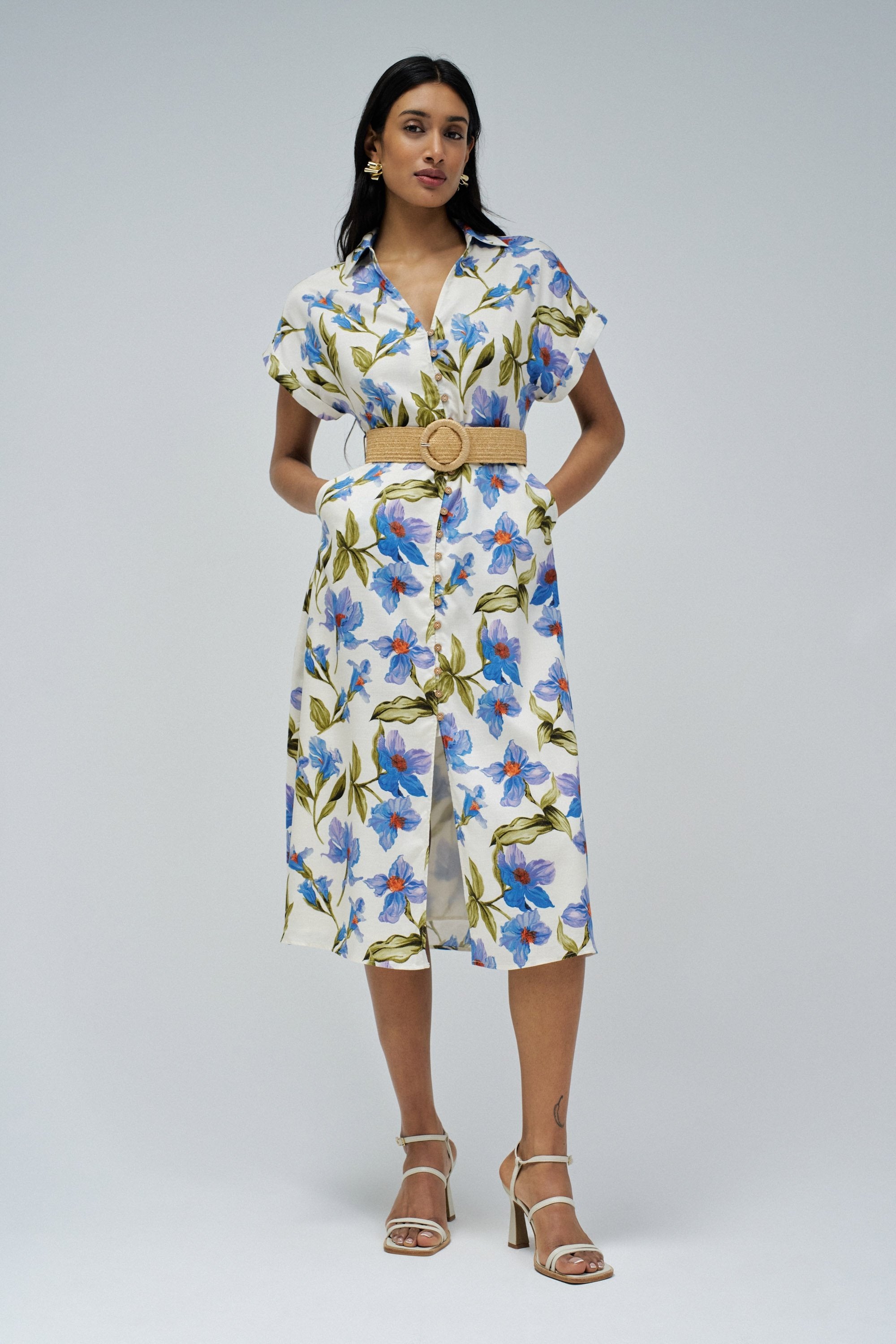 Linen Shirt Dress With Front Buttoned Belt in Medium Blue V1 Dresses Salsa Jeans