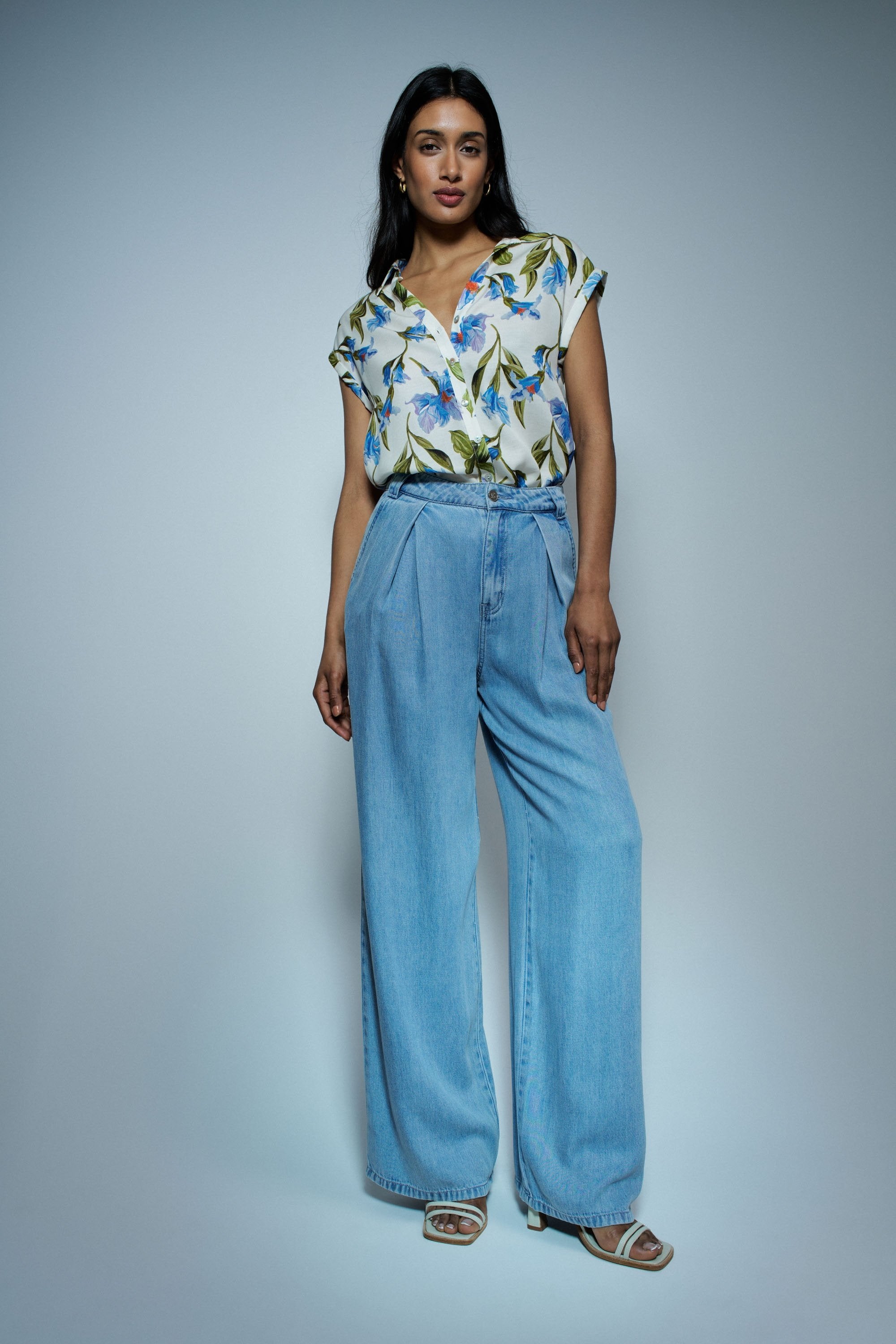 Basic Shirt With Shoulder Ruffles in Medium Blue V1 Shirts Salsa Jeans