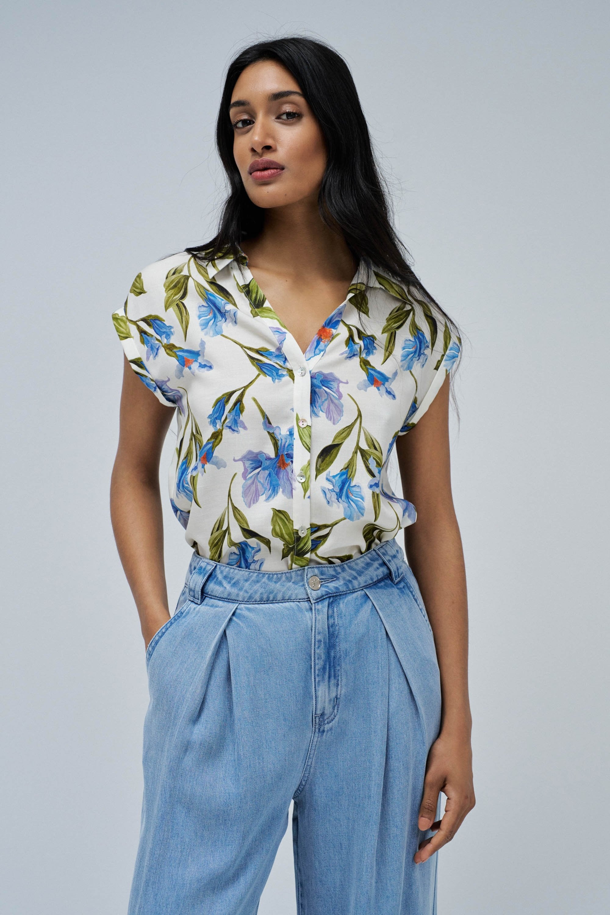Basic Shirt With Shoulder Ruffles in Medium Blue V1 Shirts Salsa Jeans