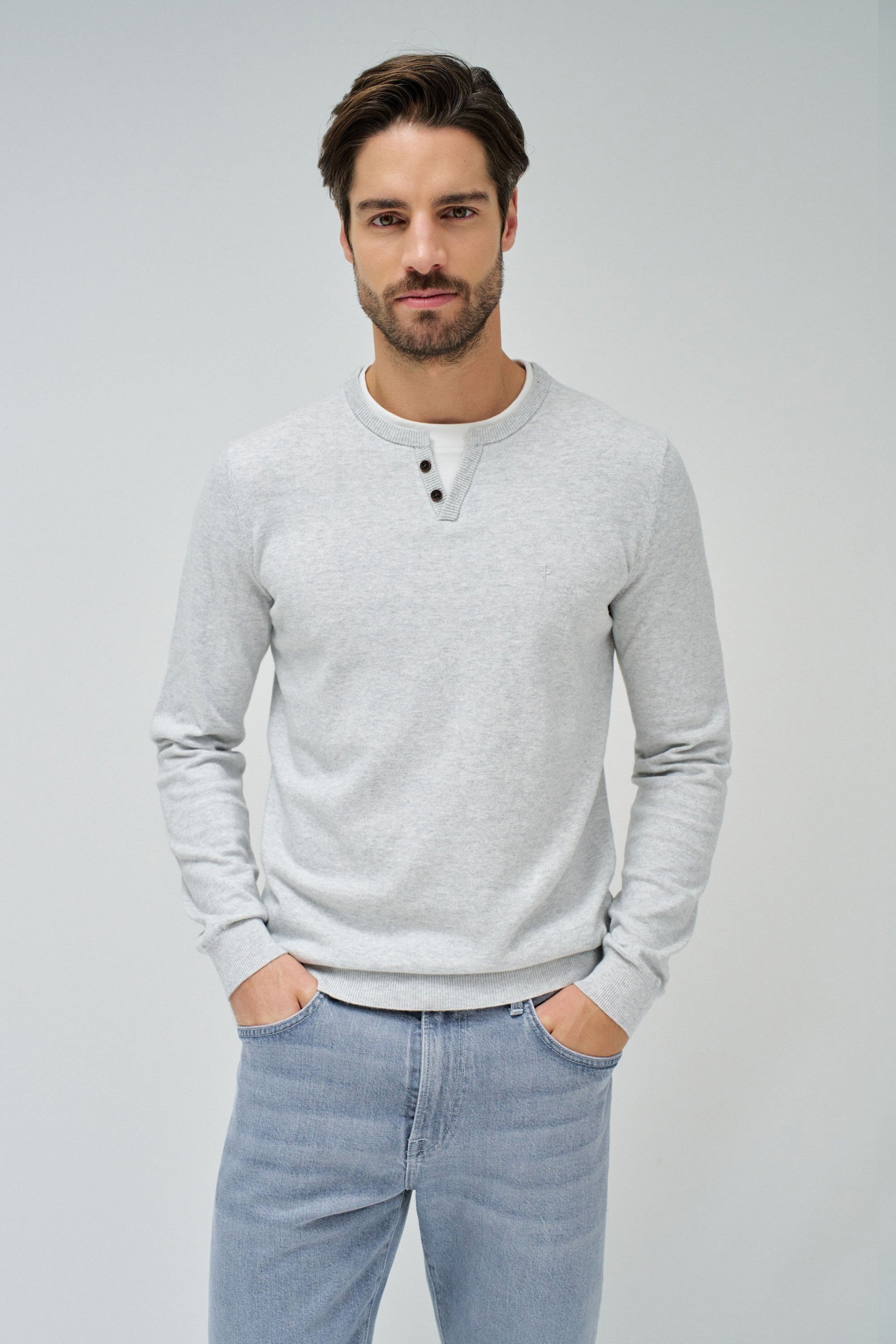 Knit Henley W/ Collar Jersey Details in Light Grey Sweater Salsa Jeans