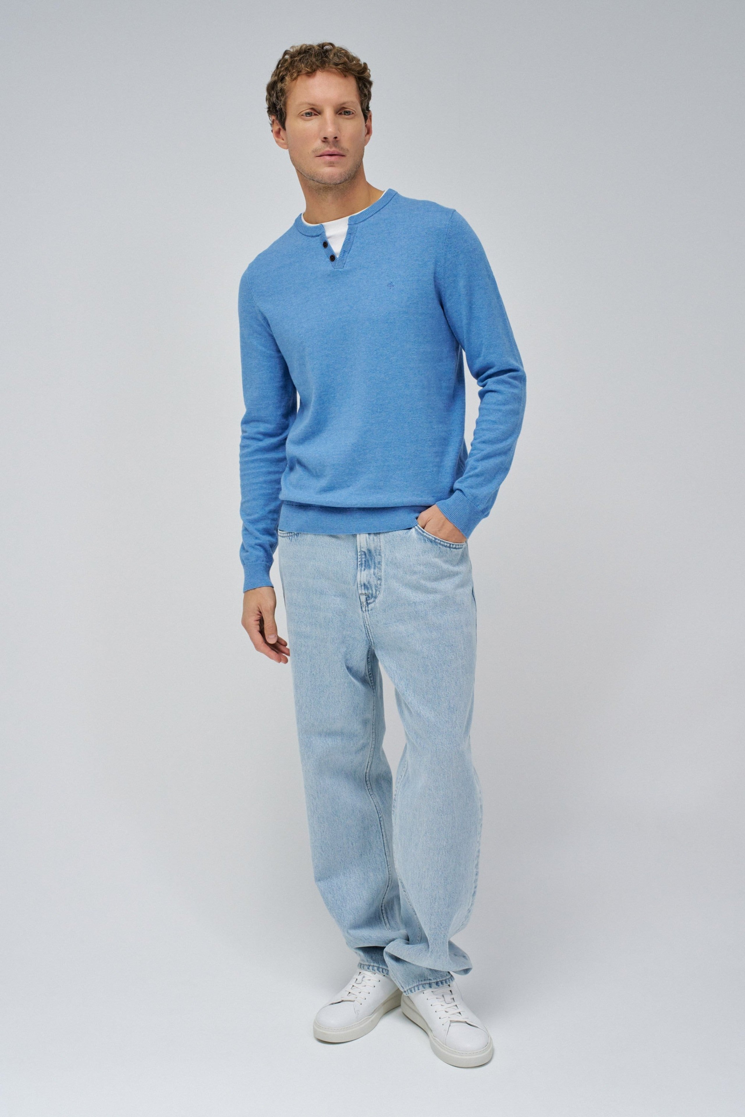 Knit Henley W/ Collar Jersey Details in Medium Blue Sweater Salsa Jeans