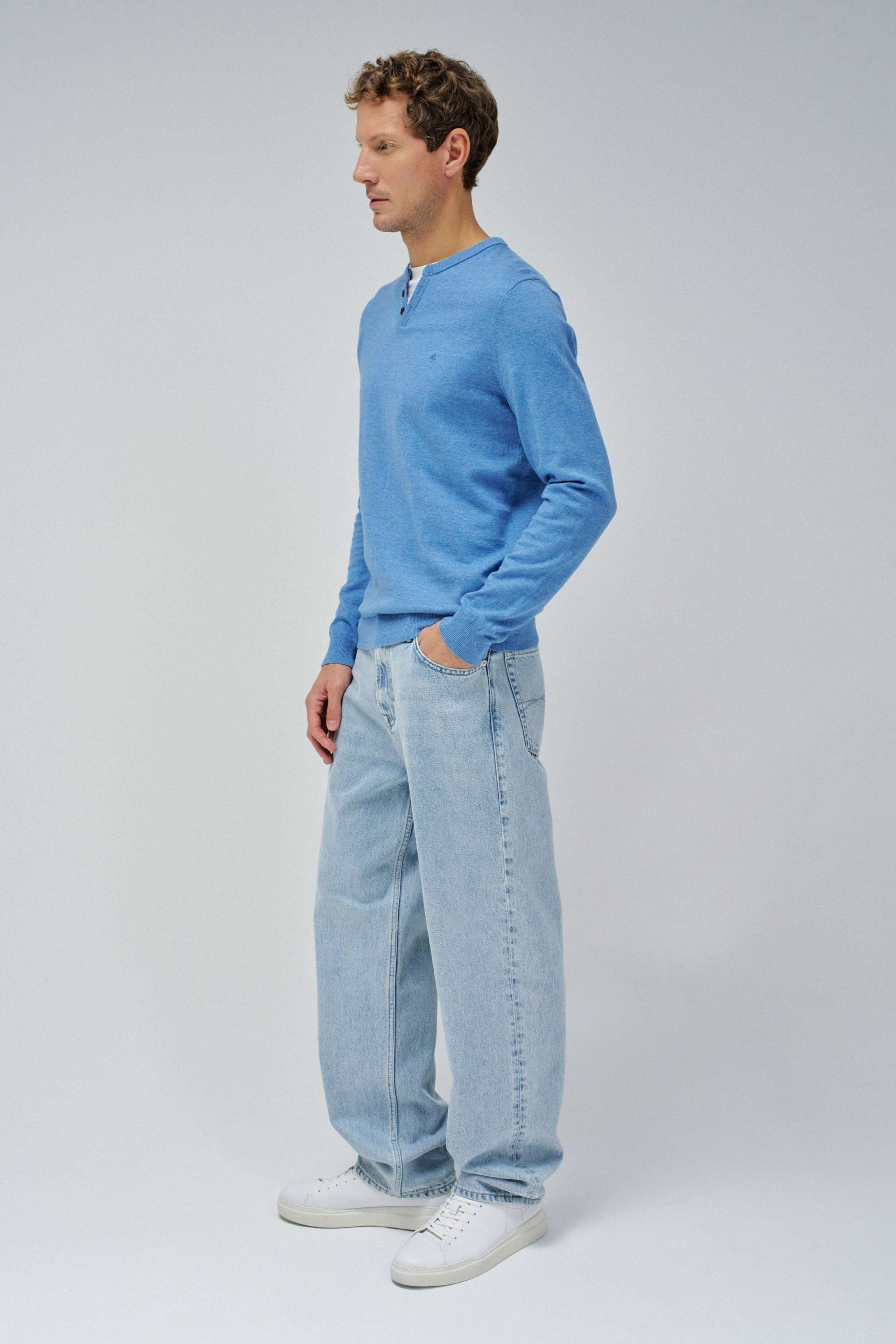 Knit Henley W/ Collar Jersey Details in Medium Blue Sweater Salsa Jeans