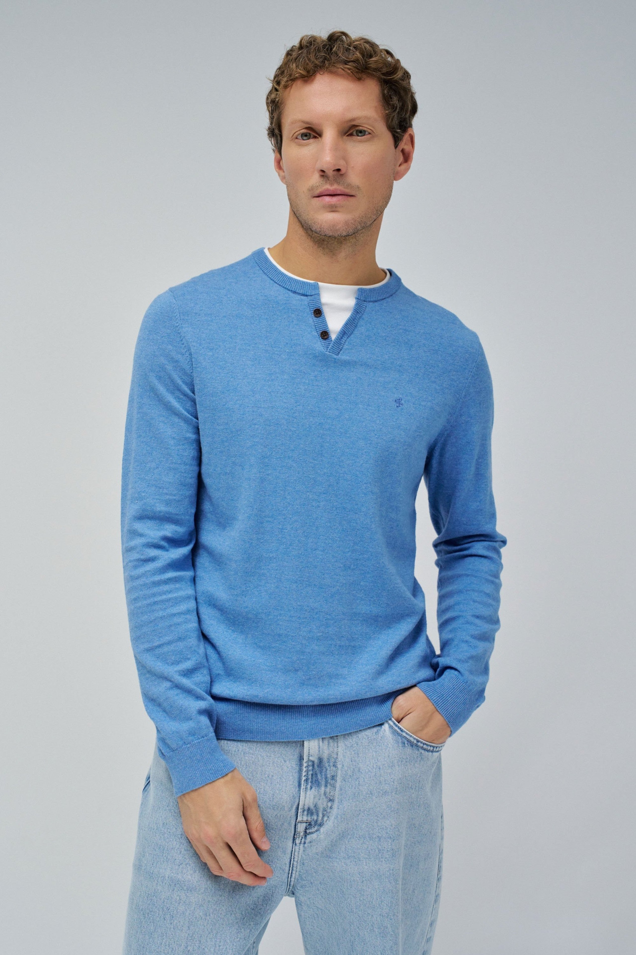 Knit Henley W/ Collar Jersey Details in Medium Blue Sweater Salsa Jeans