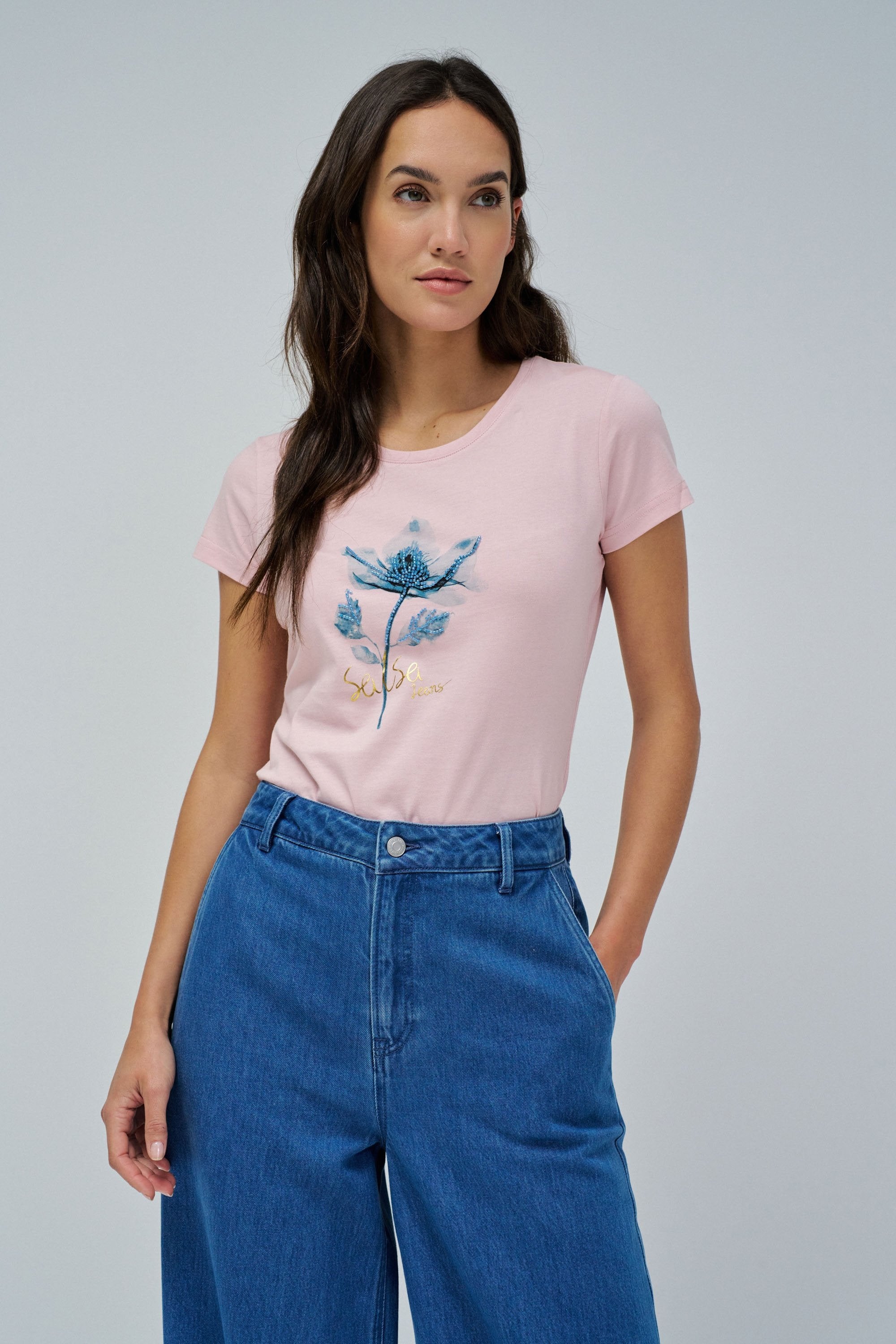 Graphic Flower Print T-Shirt in Medium Pink V1 T-Shirts Salsa Jeans