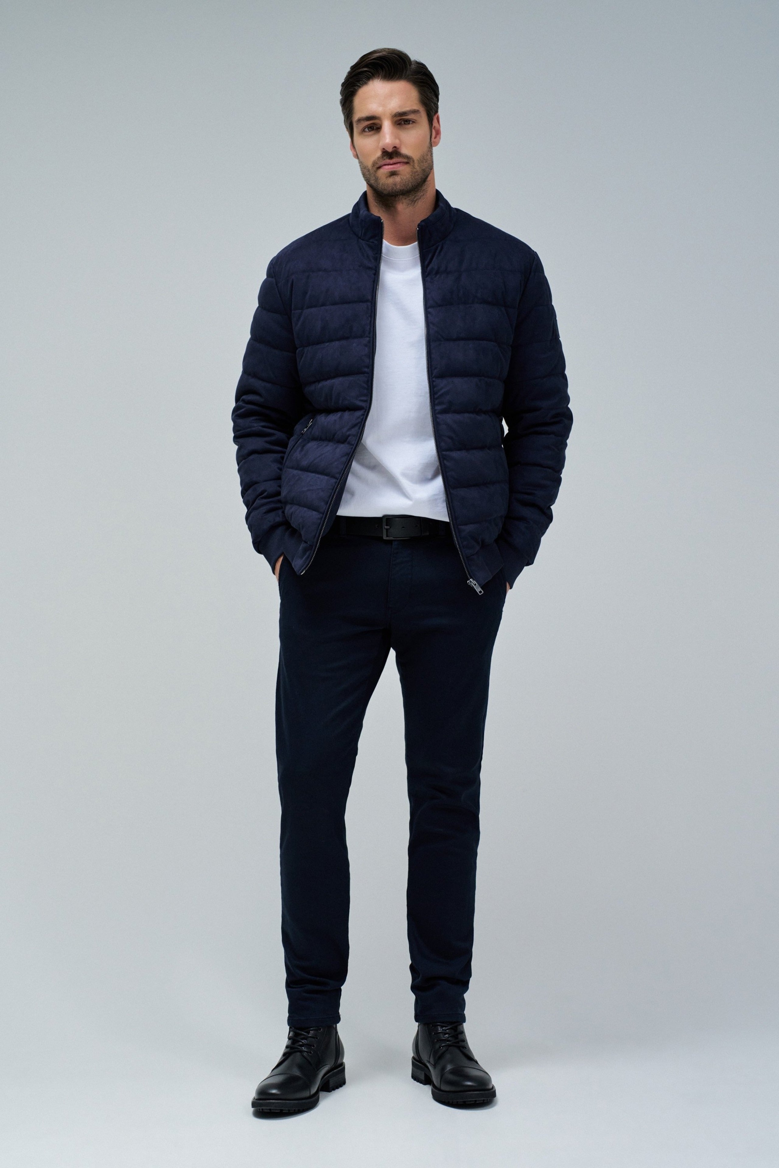 Suede Puffer Bomber Jacket in Dark Blue Jackets Salsa Jeans