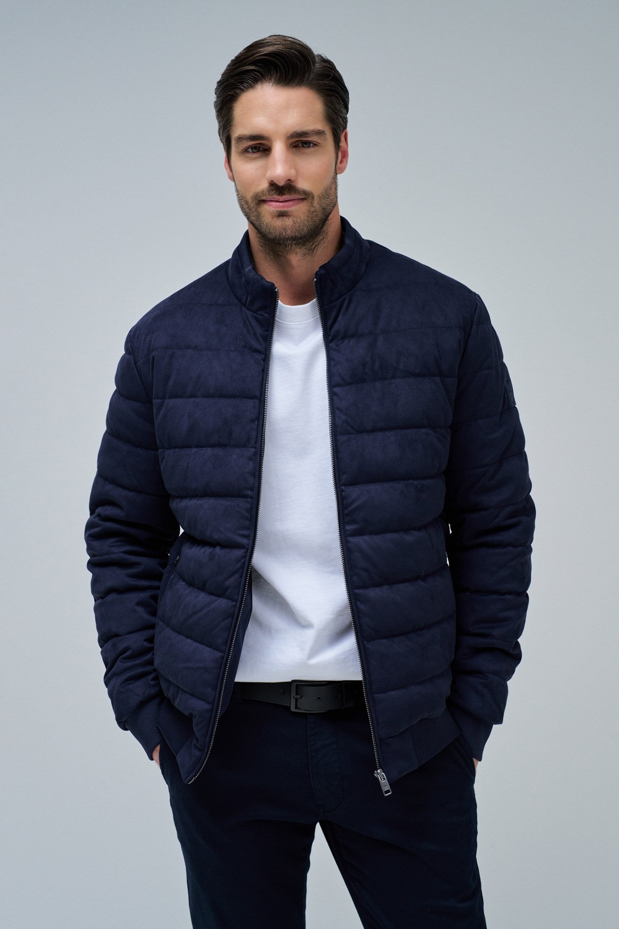 Suede Puffer Bomber Jacket in Dark Blue Jackets Salsa Jeans