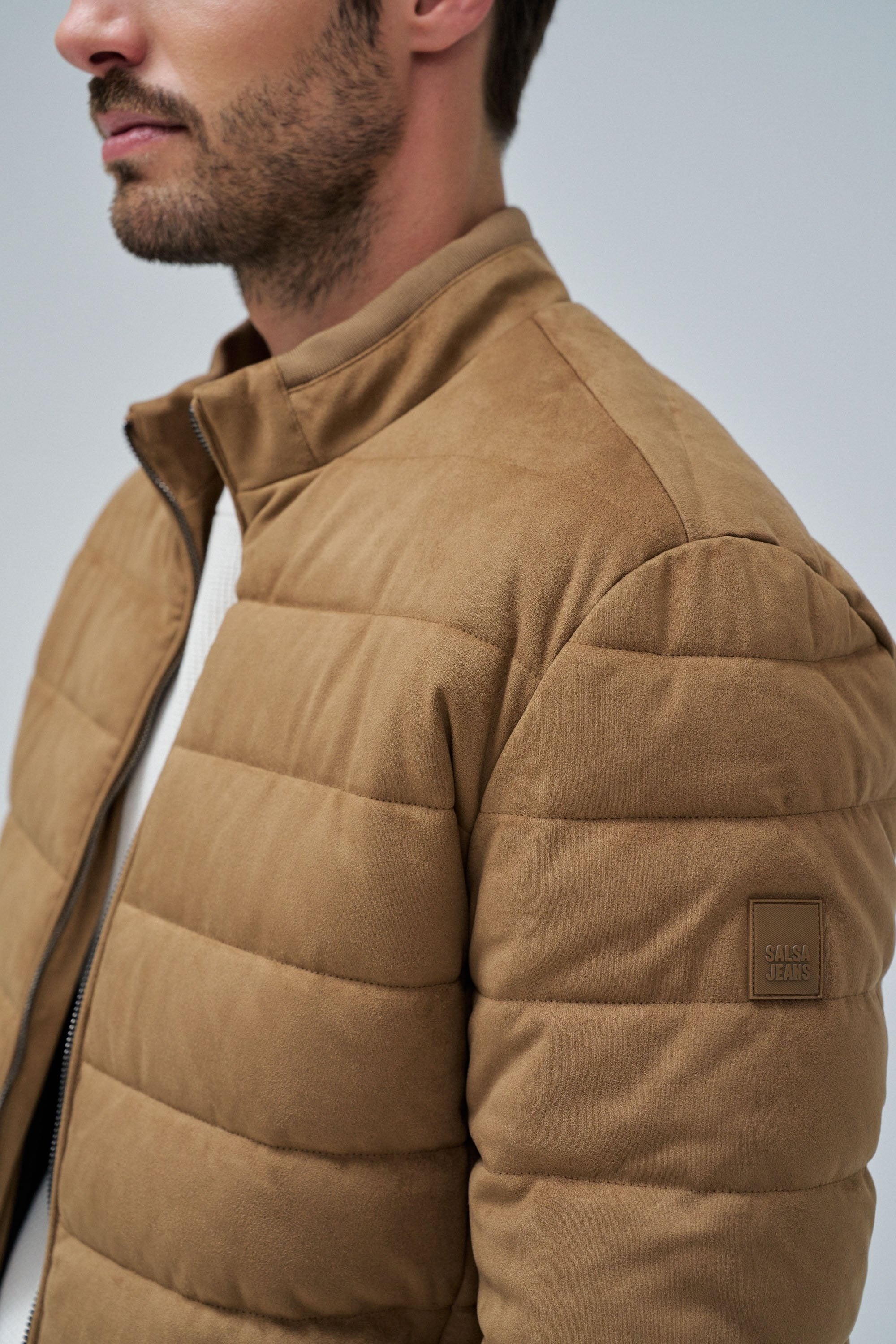 Suede Puffer Bomber Jacket in Medium Brown Jackets Salsa Jeans