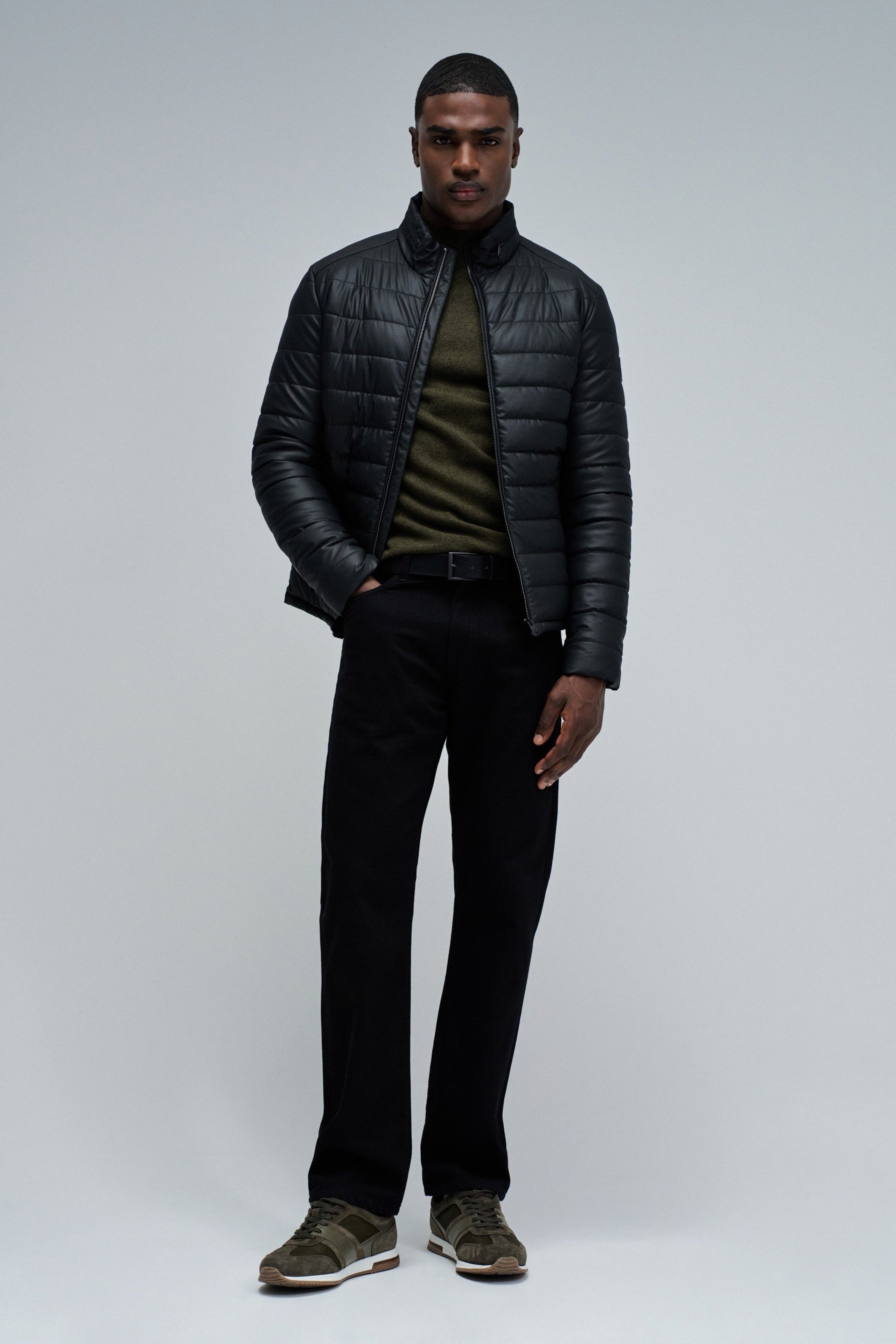 Light Padded PU Leather Jacket in Black